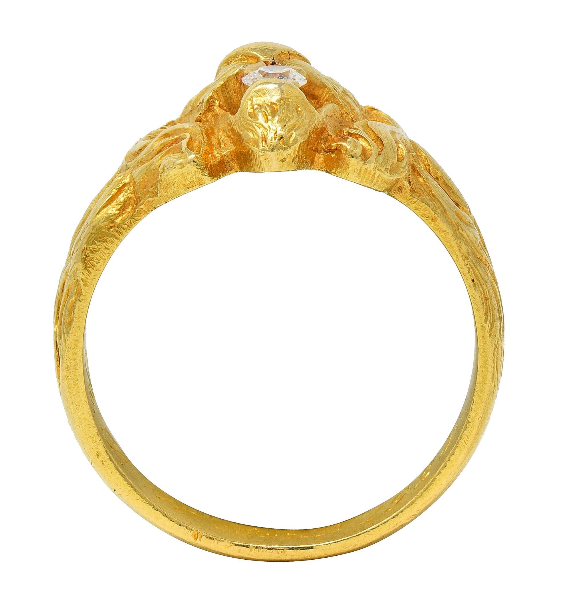 Anello Leone antico in stile Art Nouveau francese del 1924 con diamante in oro giallo 18 carati In condizioni ottime in vendita a Philadelphia, PA