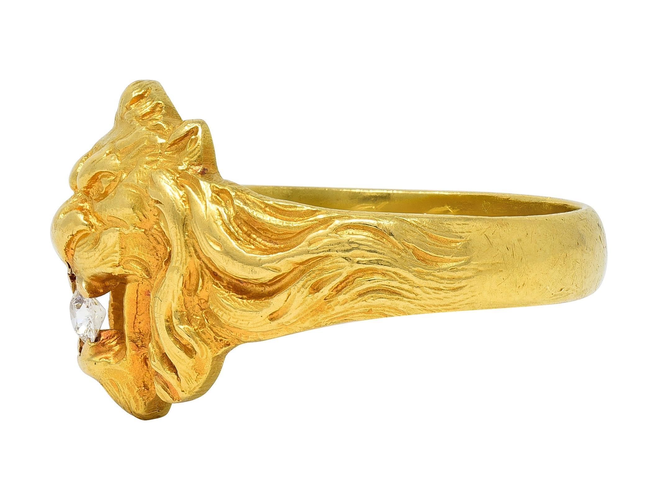 Anello Leone antico in stile Art Nouveau francese del 1924 con diamante in oro giallo 18 carati in vendita 1