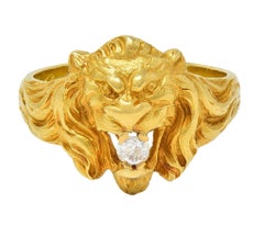 Anello Leone antico in stile Art Nouveau francese del 1924 con diamante in oro giallo 18 carati
