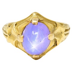 Art Nouveau French 8.20 CTW Star Sapphire 18 Karat Yellow Gold Antique Ivy Ring