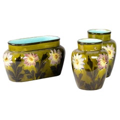 Vintage Art Nouveau French Barbotine Cachepot and Vases with Floral Motifs