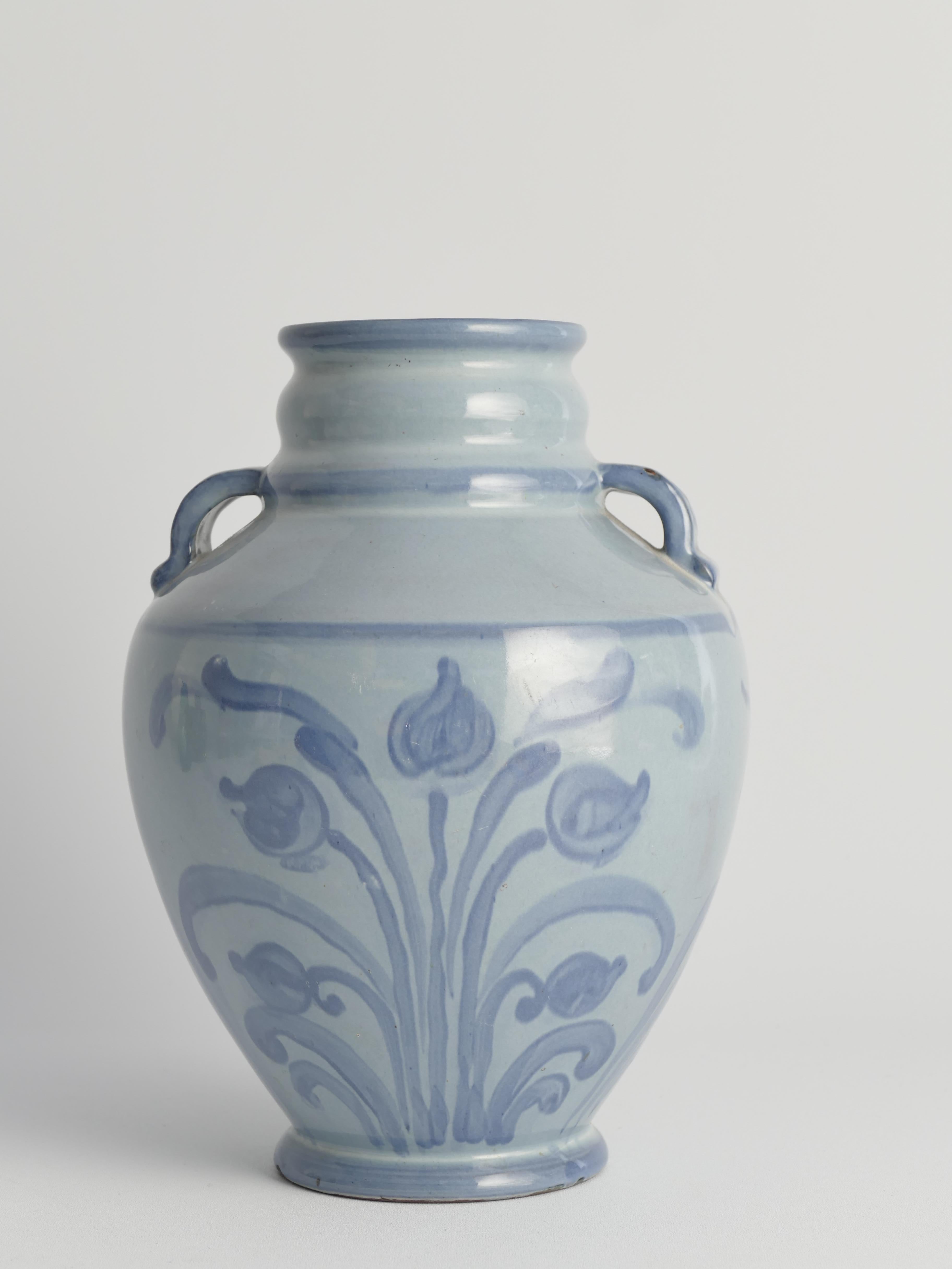 Art Nouveau French Blue Floral Motif Vase by Upsala Ekeby, Sweden 1930s For Sale 3