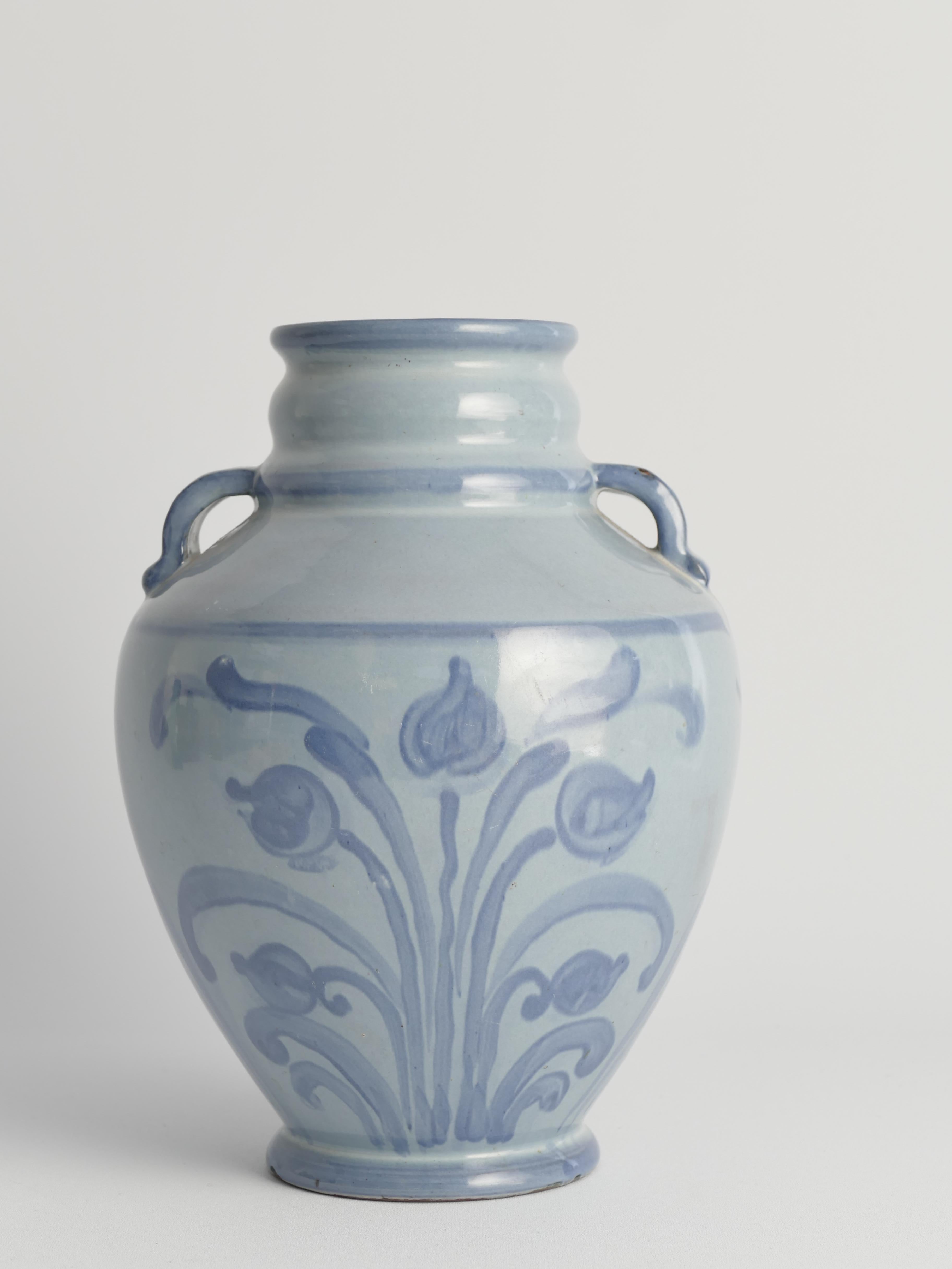 Art Nouveau French Blue Floral Motif Vase by Upsala Ekeby, Sweden 1930s For Sale 4