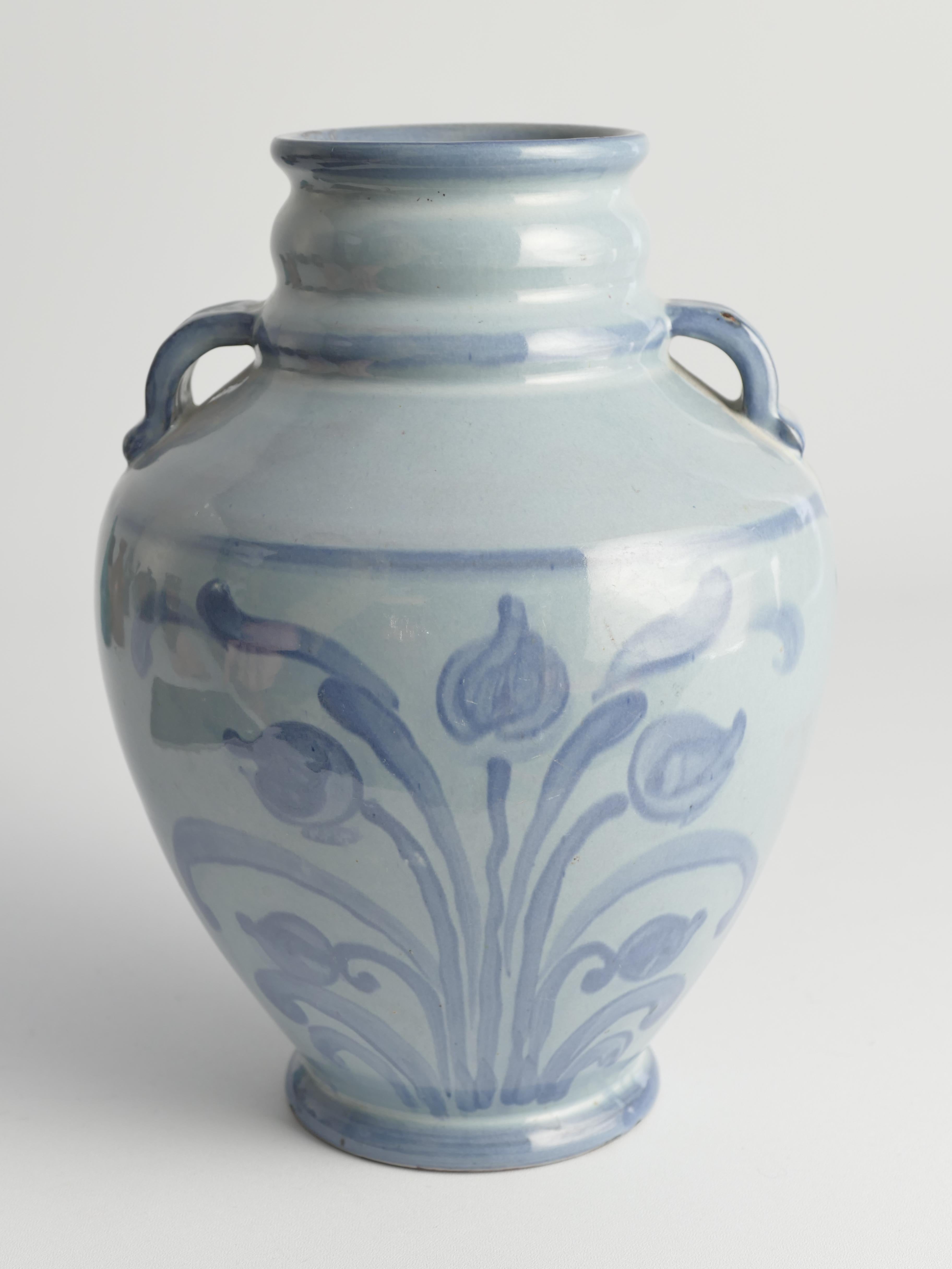Art Nouveau French Blue Floral Motif Vase by Upsala Ekeby, Sweden 1930s For Sale 5