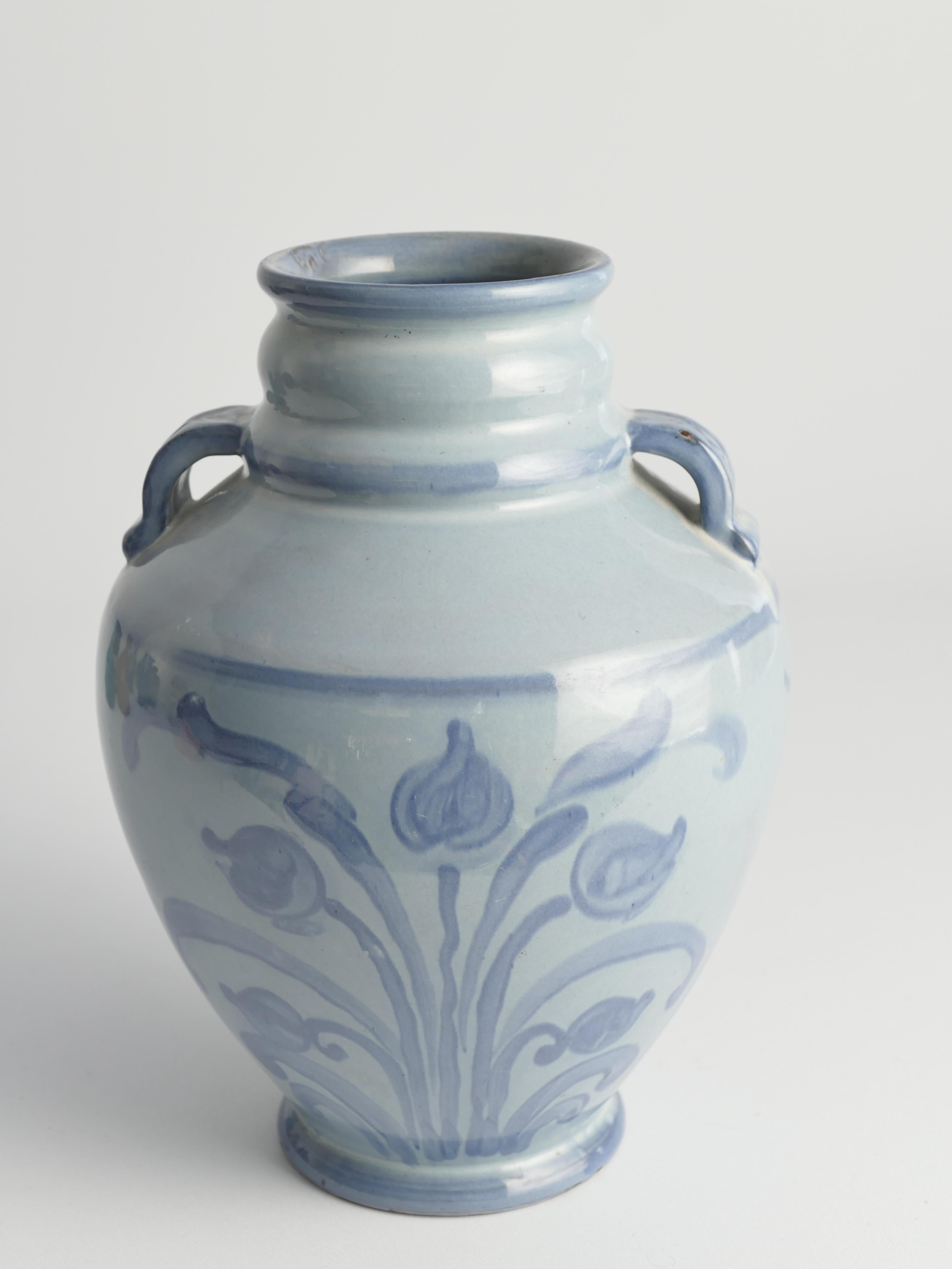 Art Nouveau French Blue Floral Motif Vase by Upsala Ekeby, Sweden 1930s For Sale 6