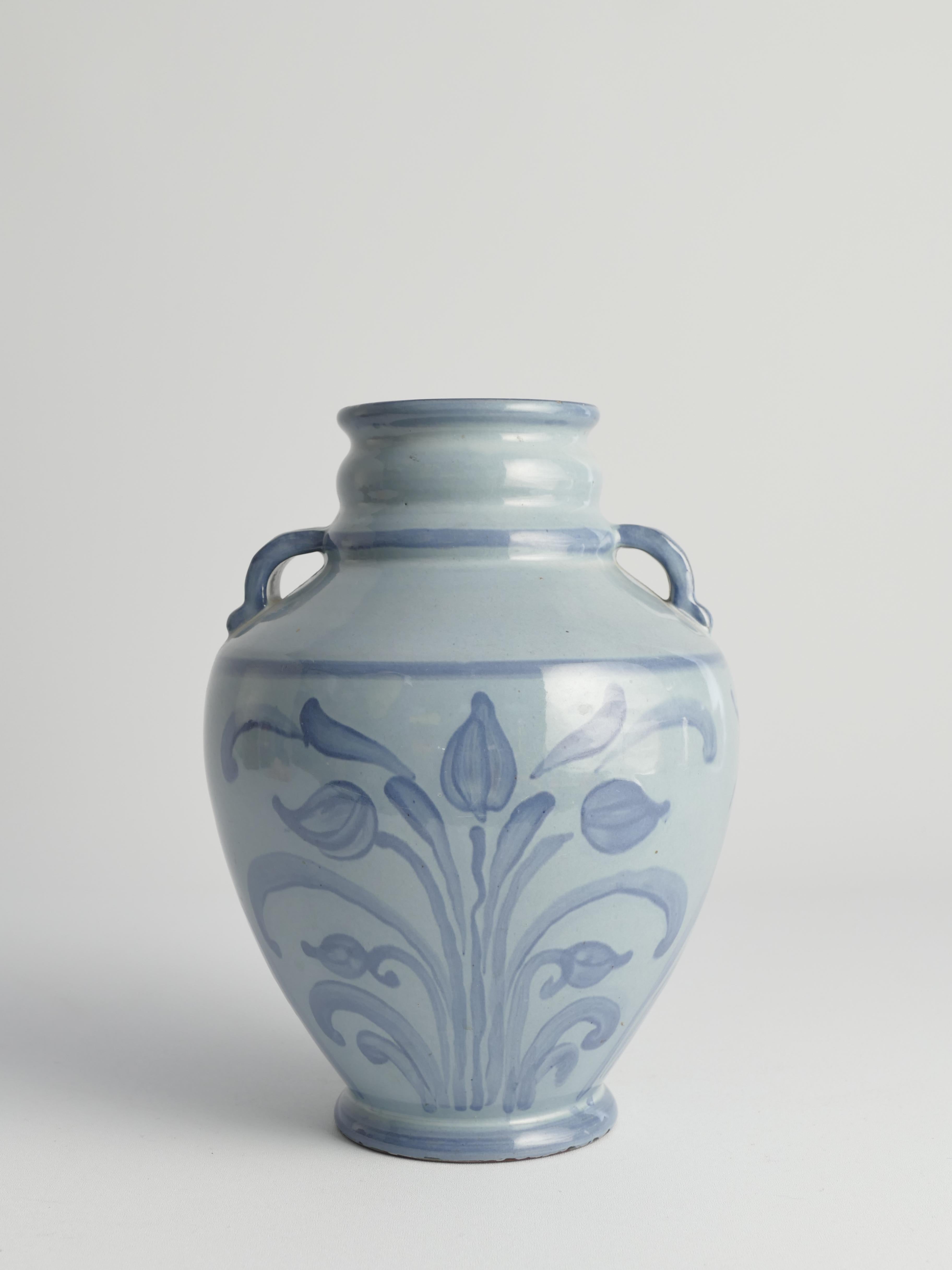 Swedish Art Nouveau French Blue Floral Motif Vase by Upsala Ekeby, Sweden 1930s For Sale