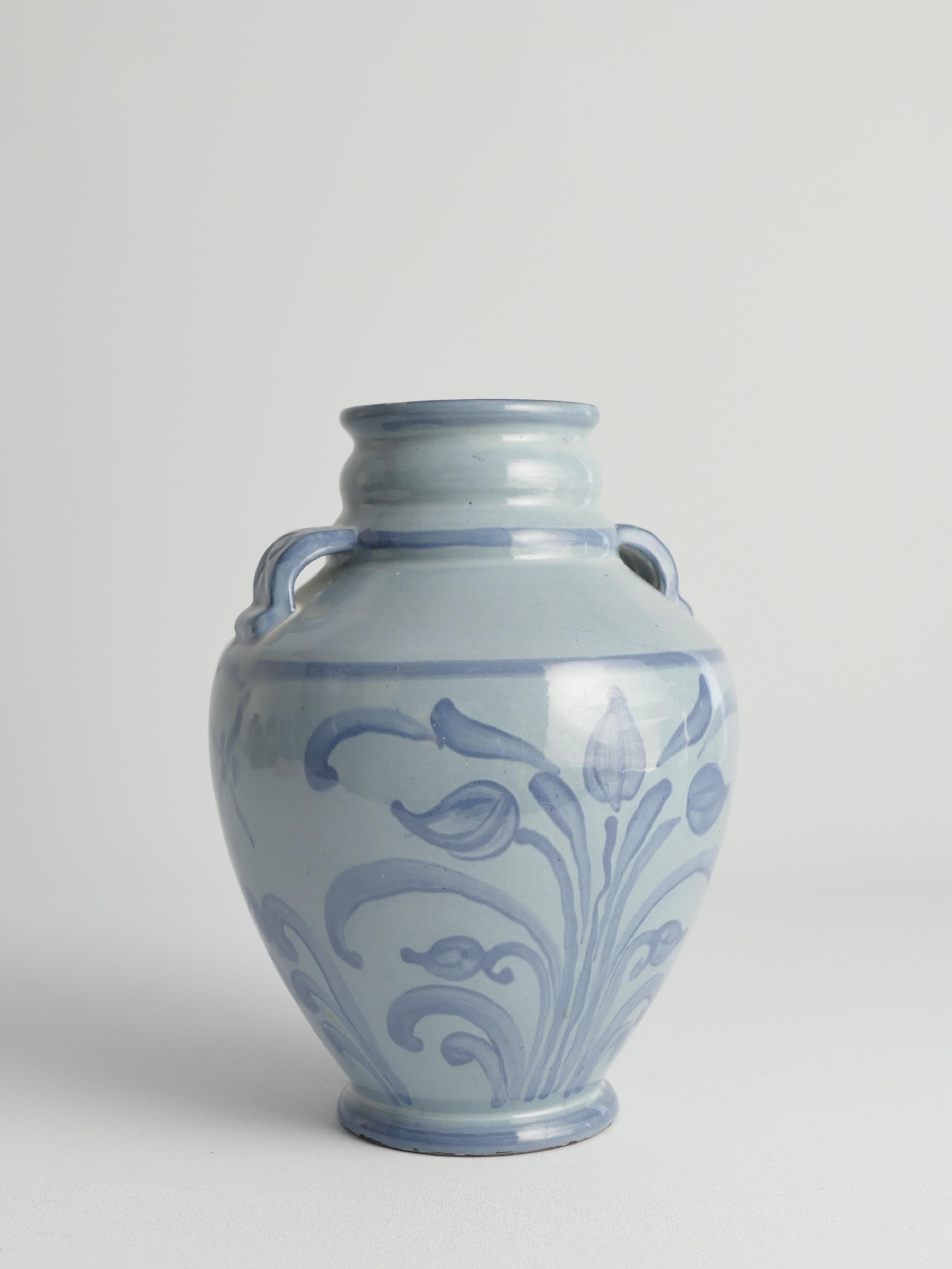 Hand-Painted Art Nouveau French Blue Floral Motif Vase by Upsala Ekeby, Sweden 1930s For Sale