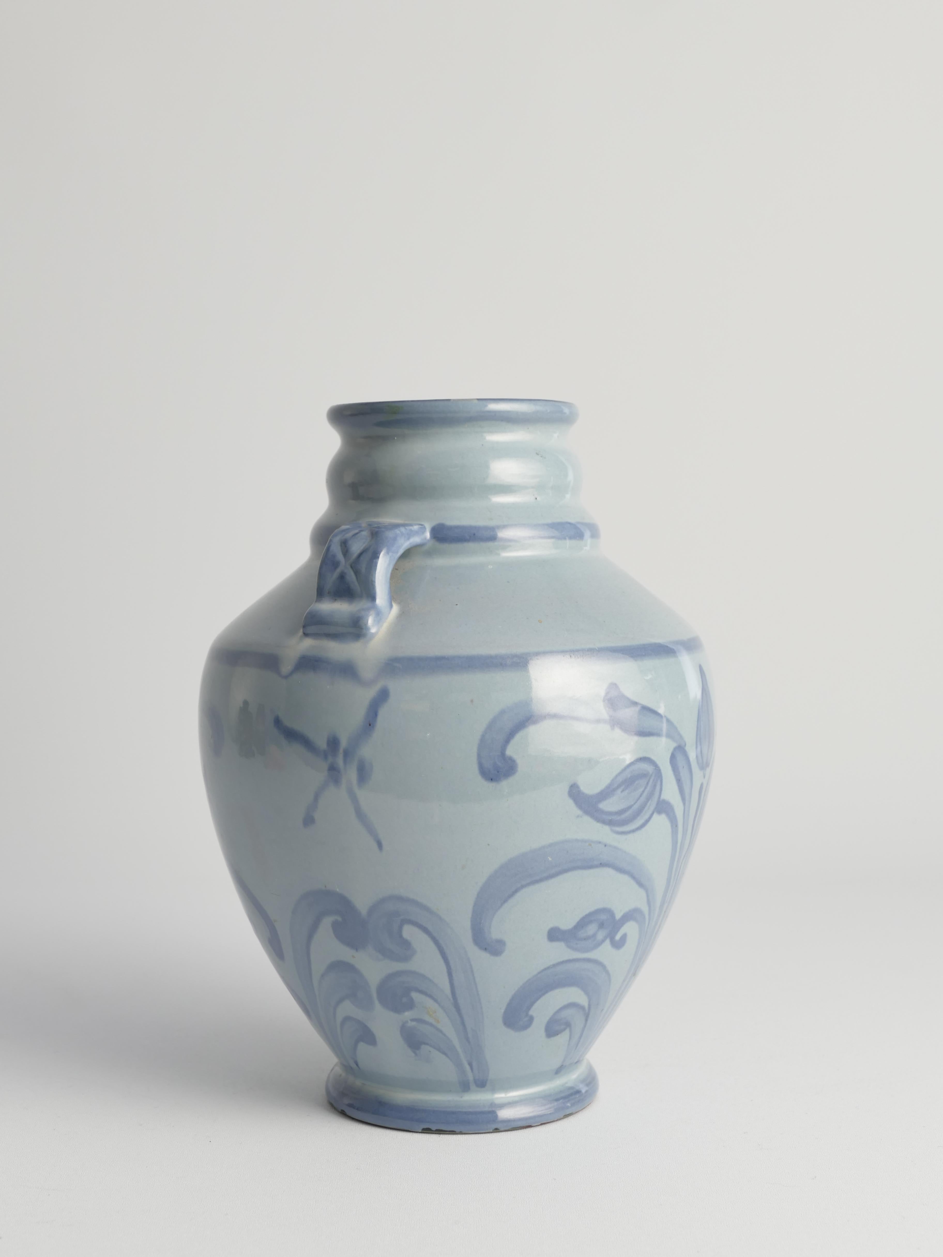 Art Nouveau French Blue Floral Motif Vase by Upsala Ekeby, Sweden 1930s In Good Condition For Sale In Grythyttan, SE