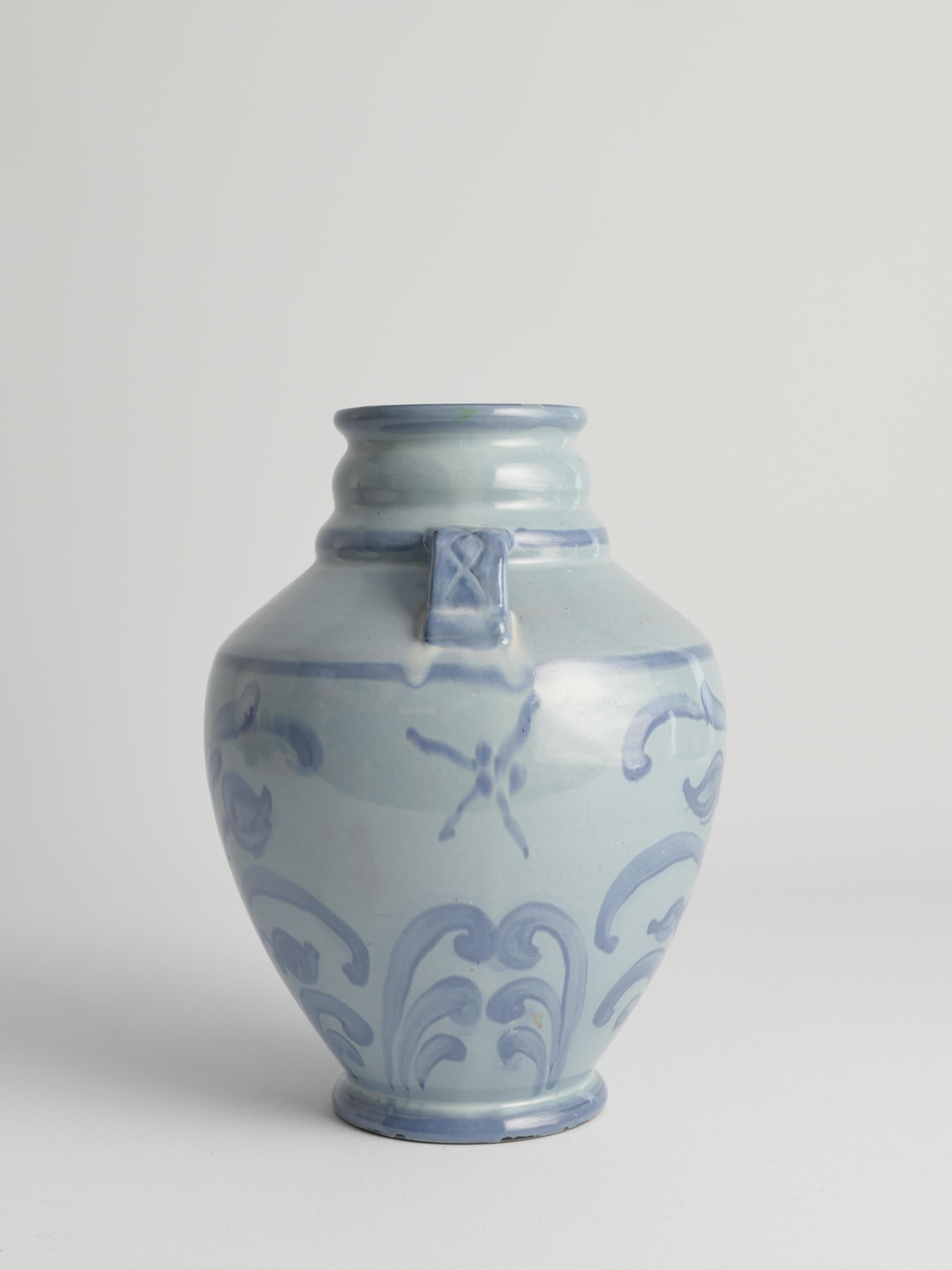 Early 20th Century Art Nouveau French Blue Floral Motif Vase by Upsala Ekeby, Sweden 1930s For Sale