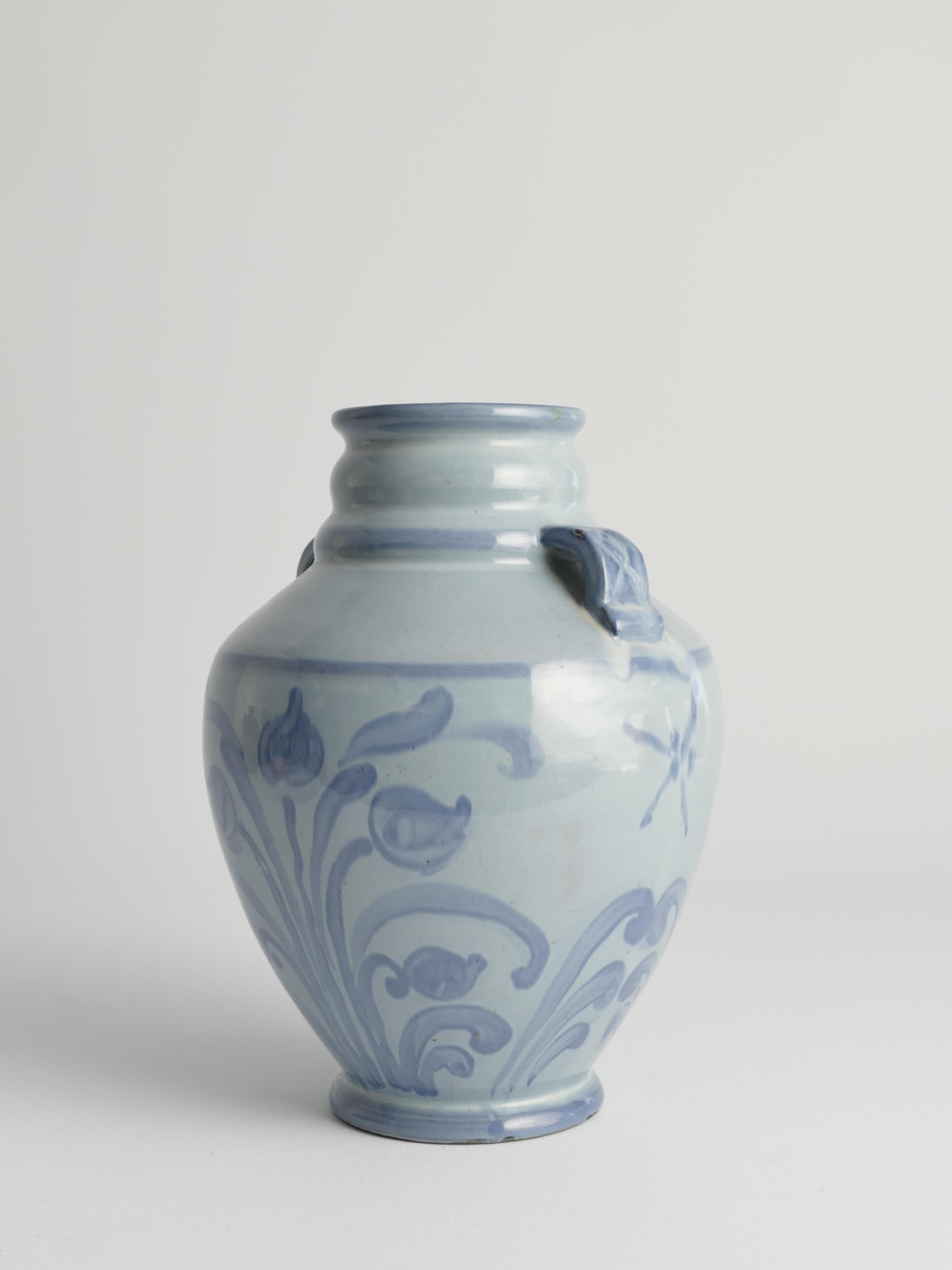 Earthenware Art Nouveau French Blue Floral Motif Vase by Upsala Ekeby, Sweden 1930s For Sale