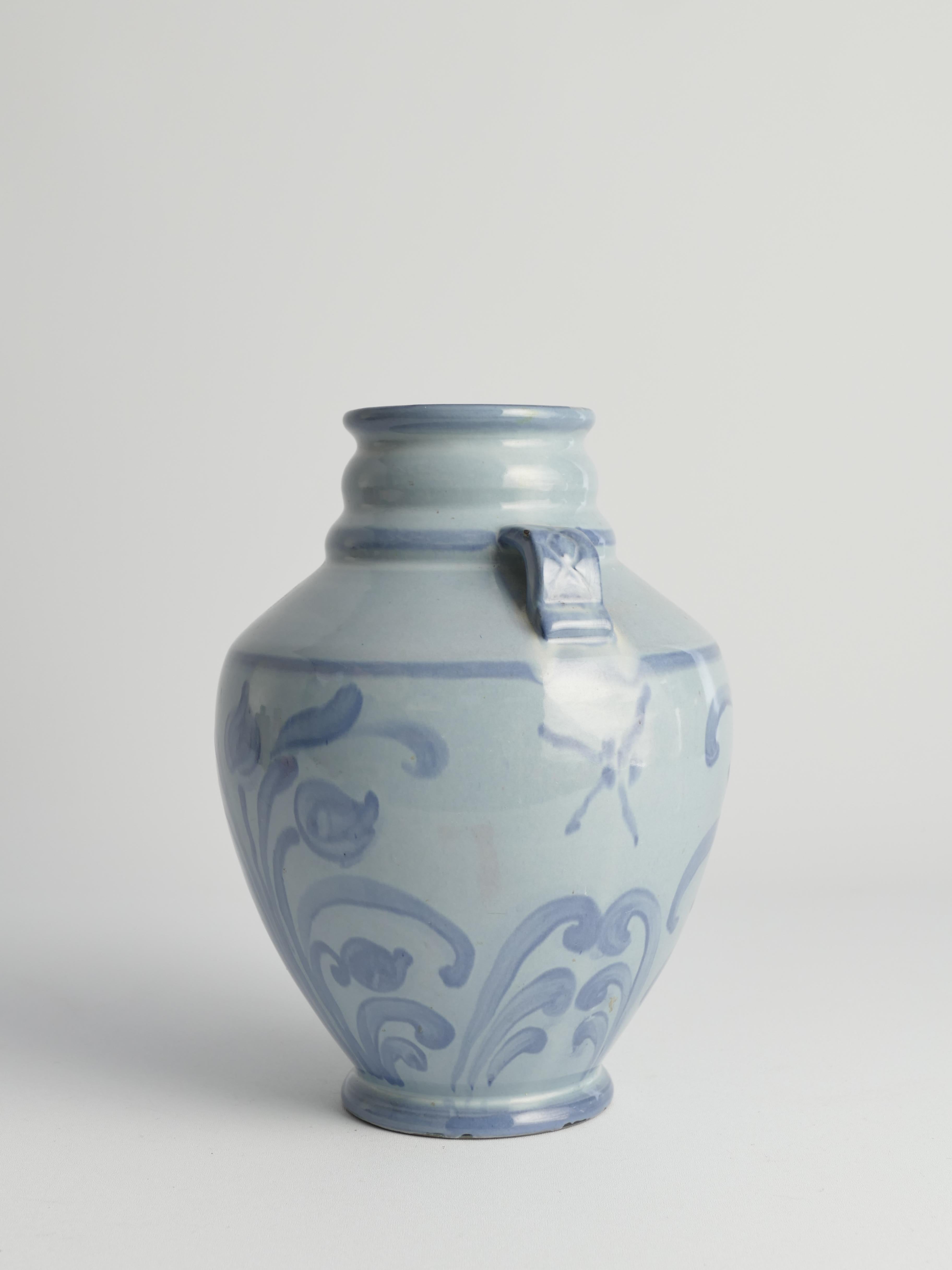 Art Nouveau French Blue Floral Motif Vase by Upsala Ekeby, Sweden 1930s For Sale 1