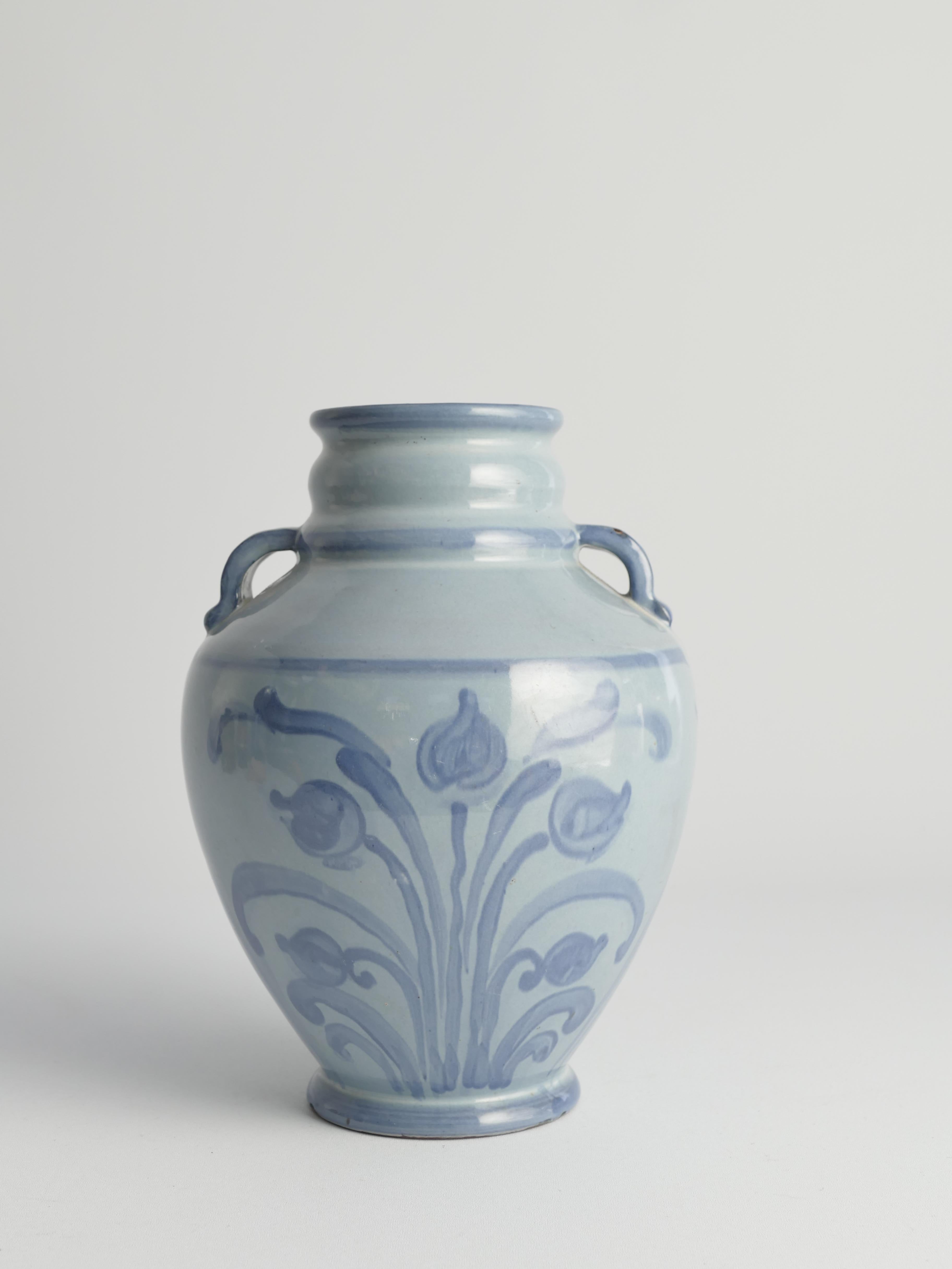 Art Nouveau French Blue Floral Motif Vase by Upsala Ekeby, Sweden 1930s For Sale 2