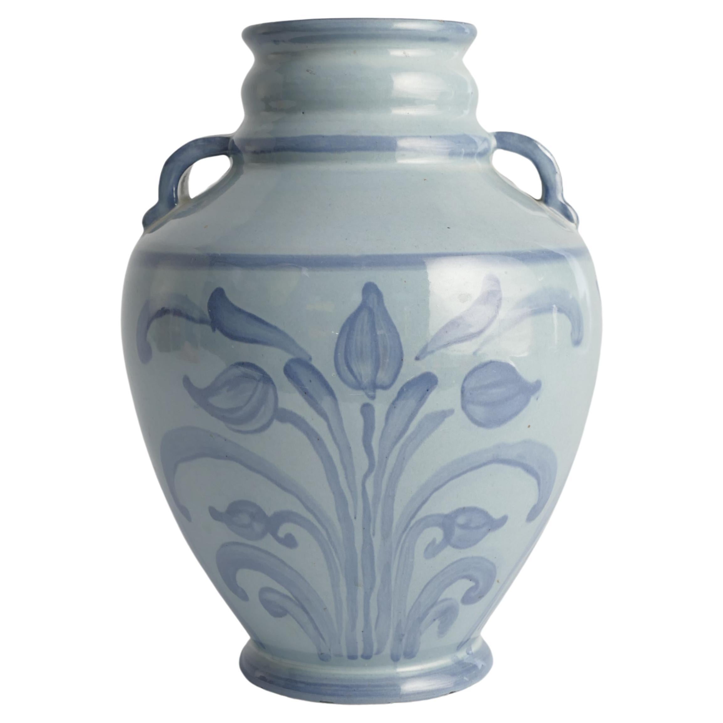 Art Nouveau French Blue Floral Motif Vase by Upsala Ekeby, Sweden 1930s