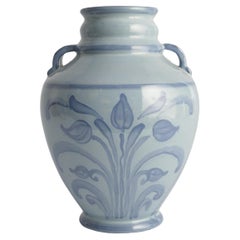Antique Art Nouveau French Blue Floral Motif Vase by Upsala Ekeby, Sweden 1930s