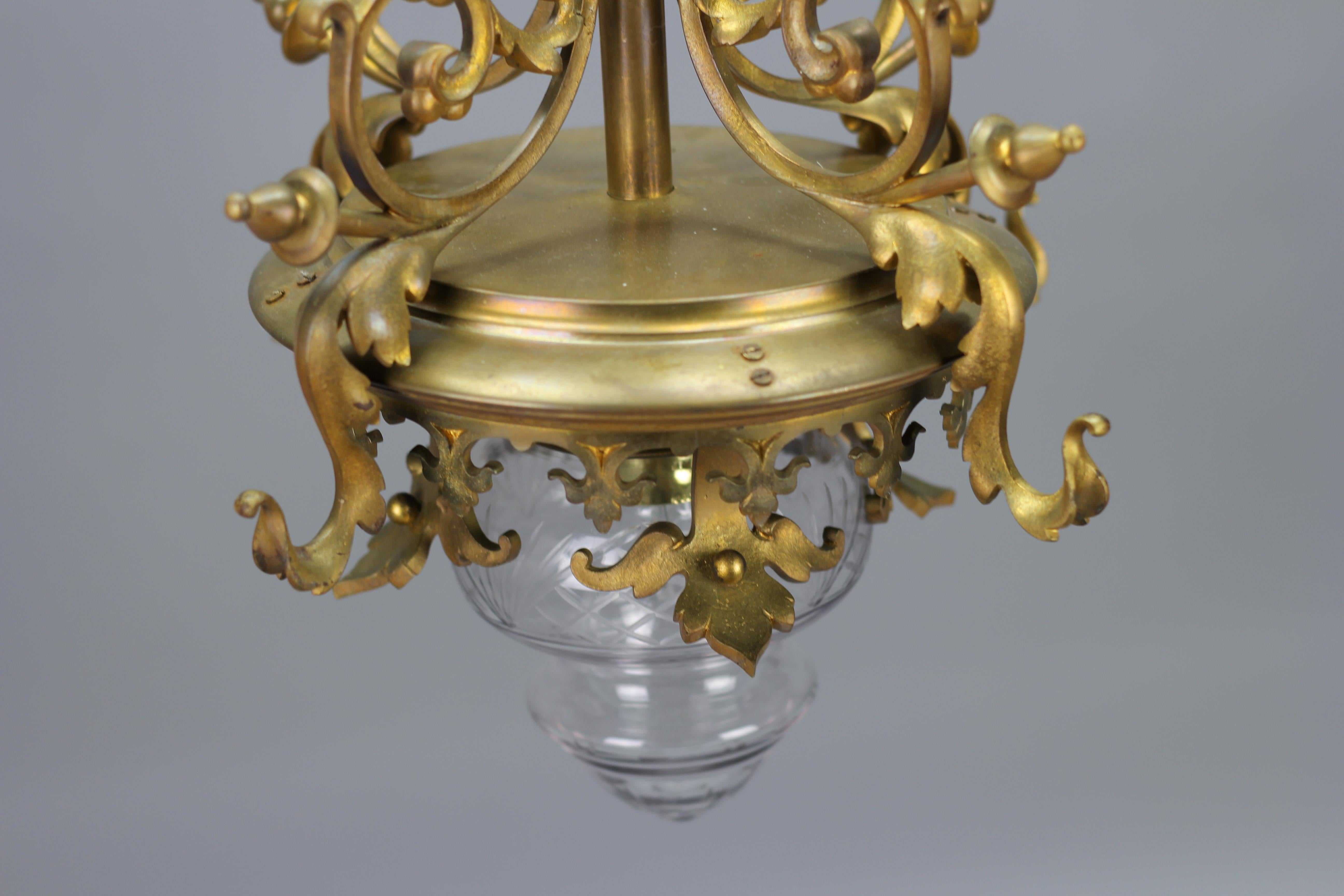 Art Nouveau French Brass and Cut Glass Pendant Chandelier, 1920s 6