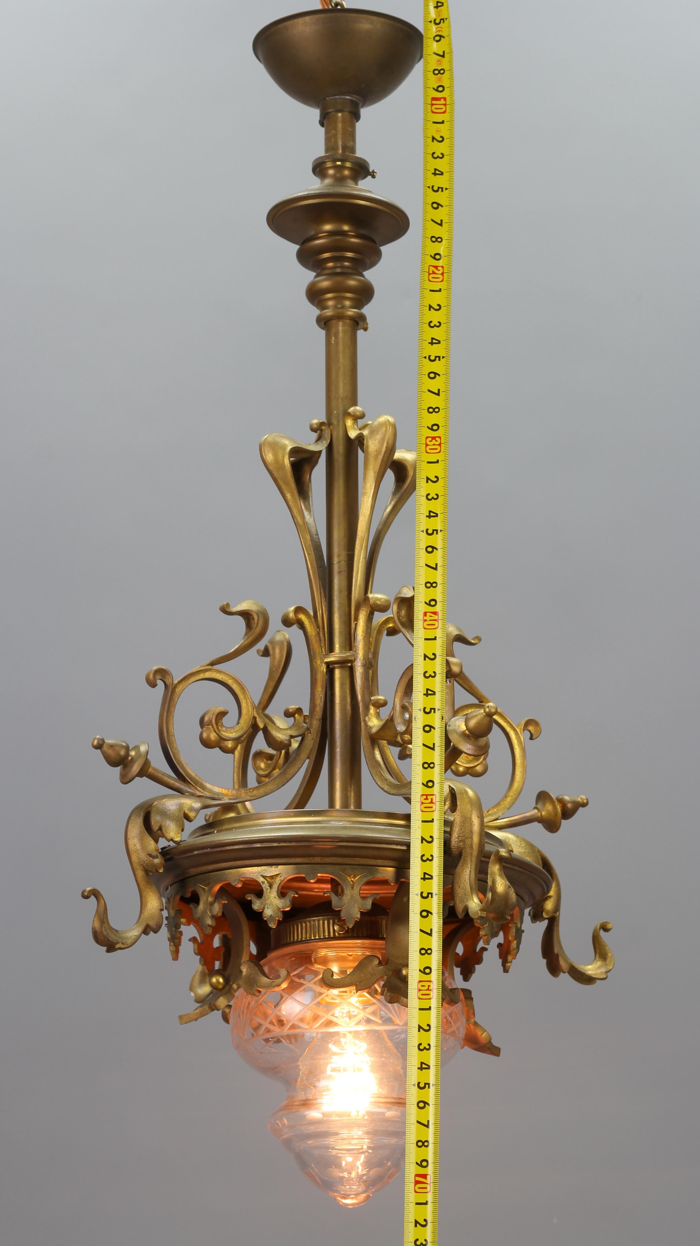 Art Nouveau French Brass and Cut Glass Pendant Chandelier, 1920s 15