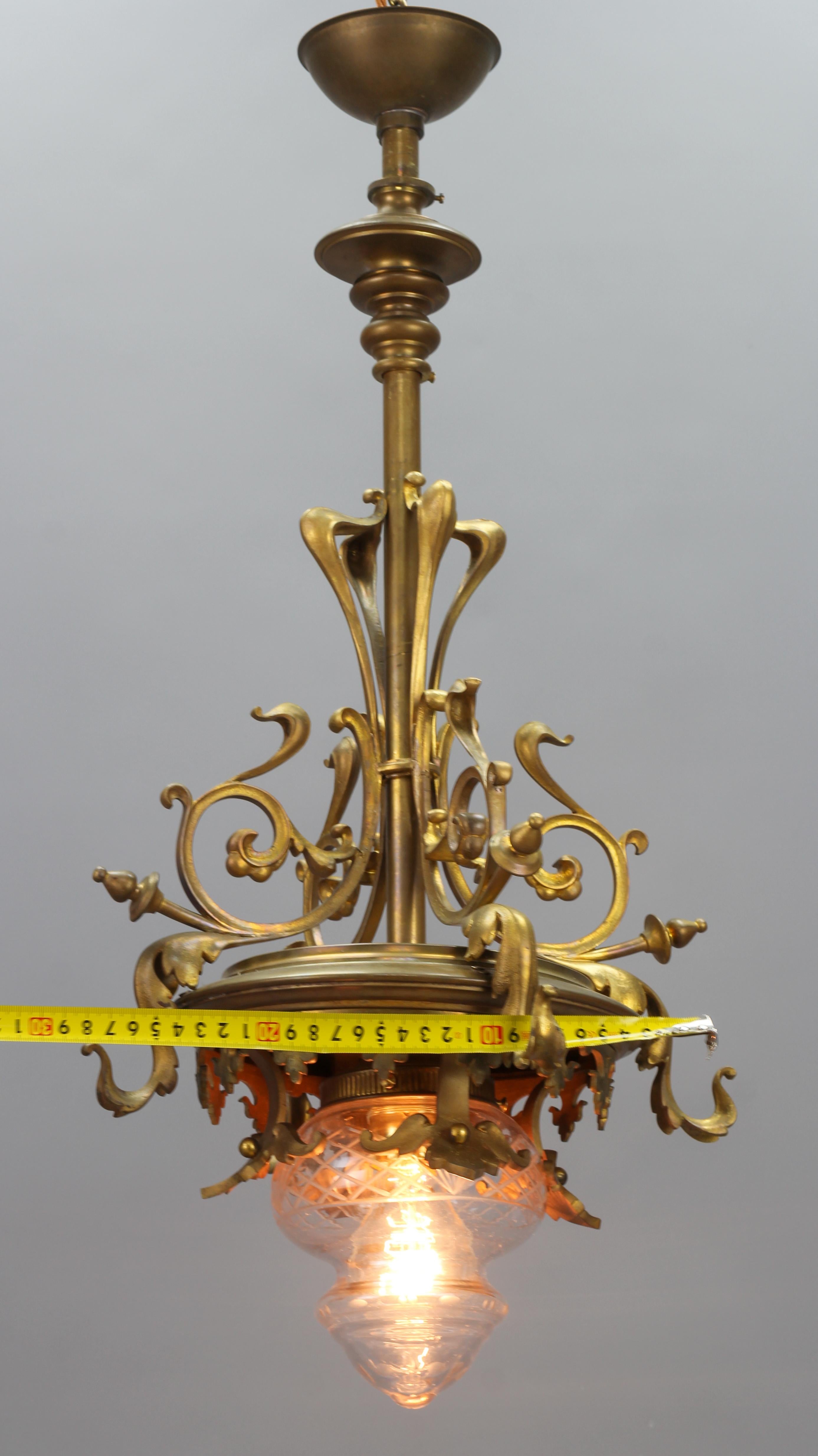 Art Nouveau French Brass and Cut Glass Pendant Chandelier, 1920s 16