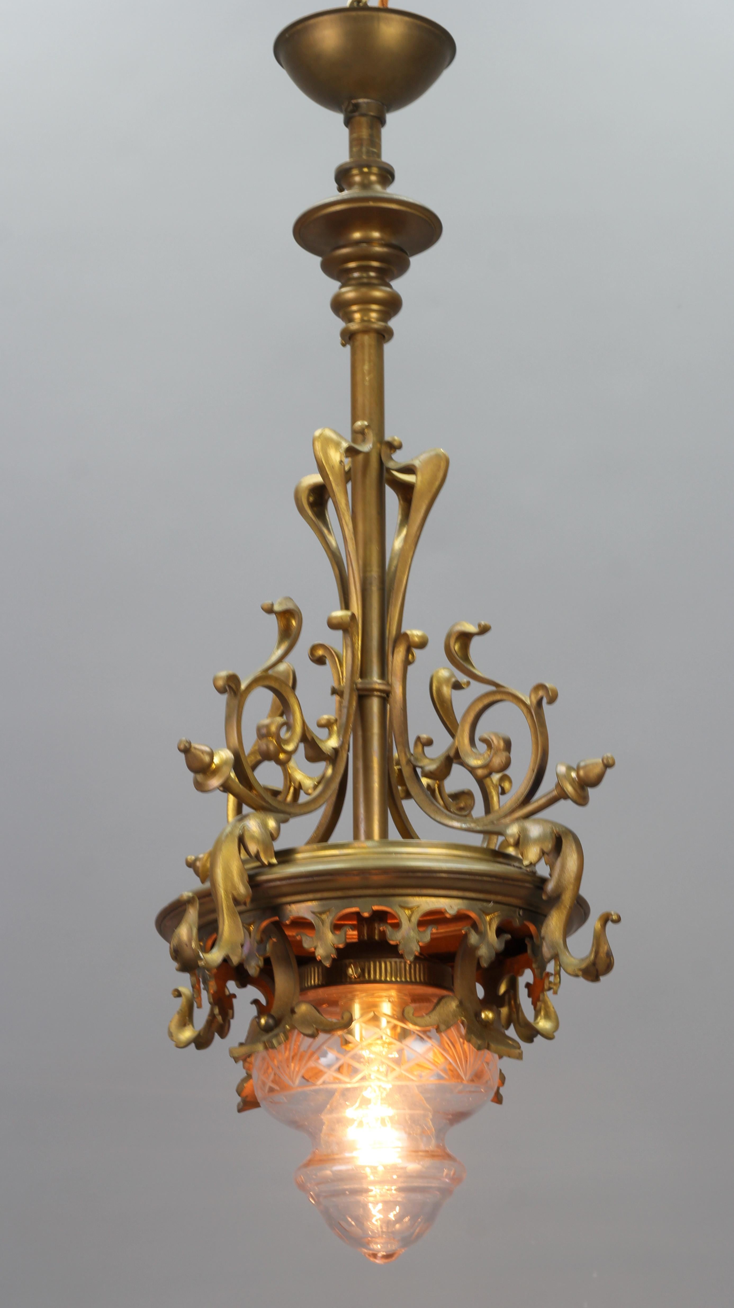 Art Nouveau French Brass and Cut Glass Pendant Chandelier, 1920s 1