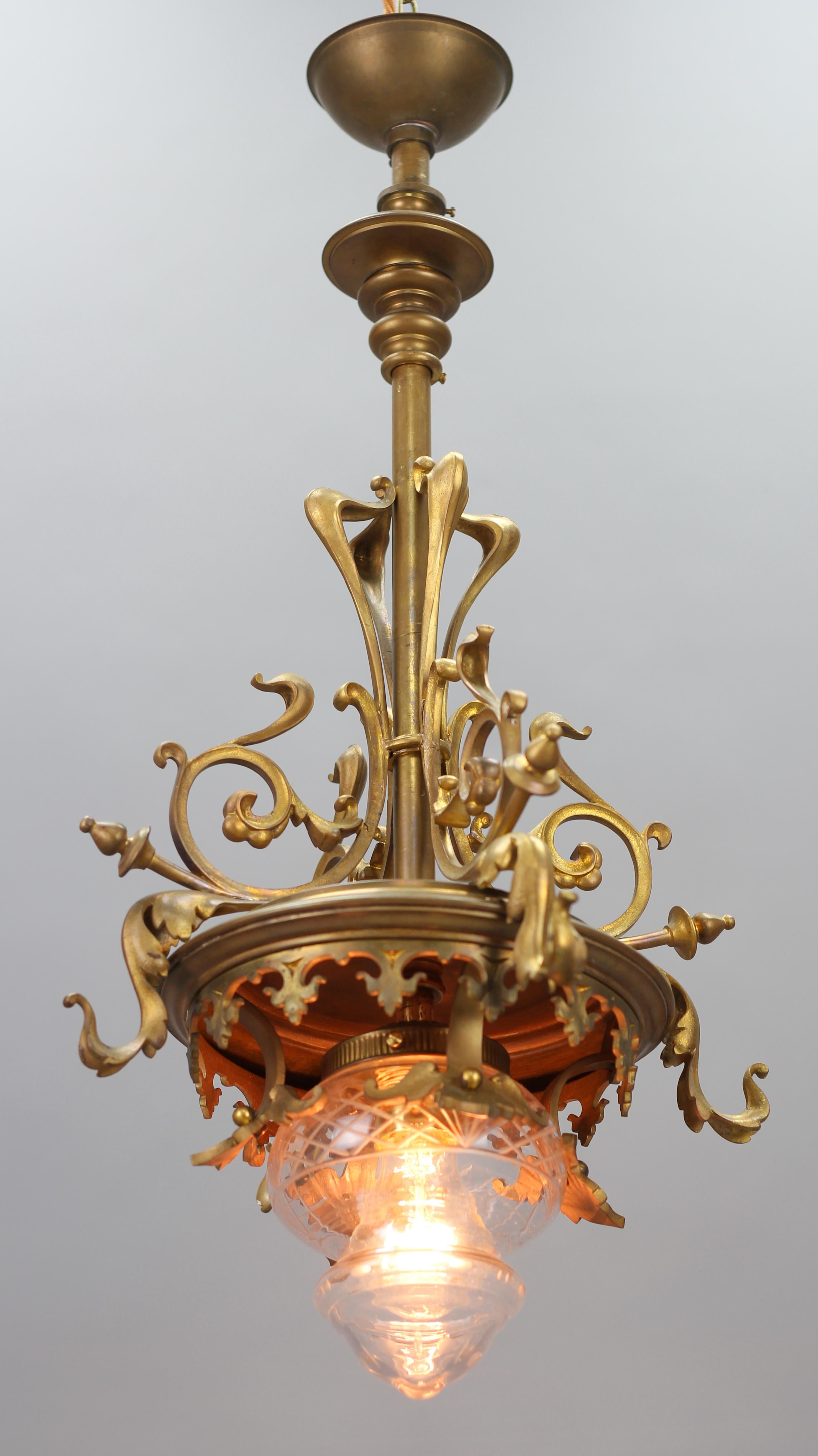 Art Nouveau French Brass and Cut Glass Pendant Chandelier, 1920s 2