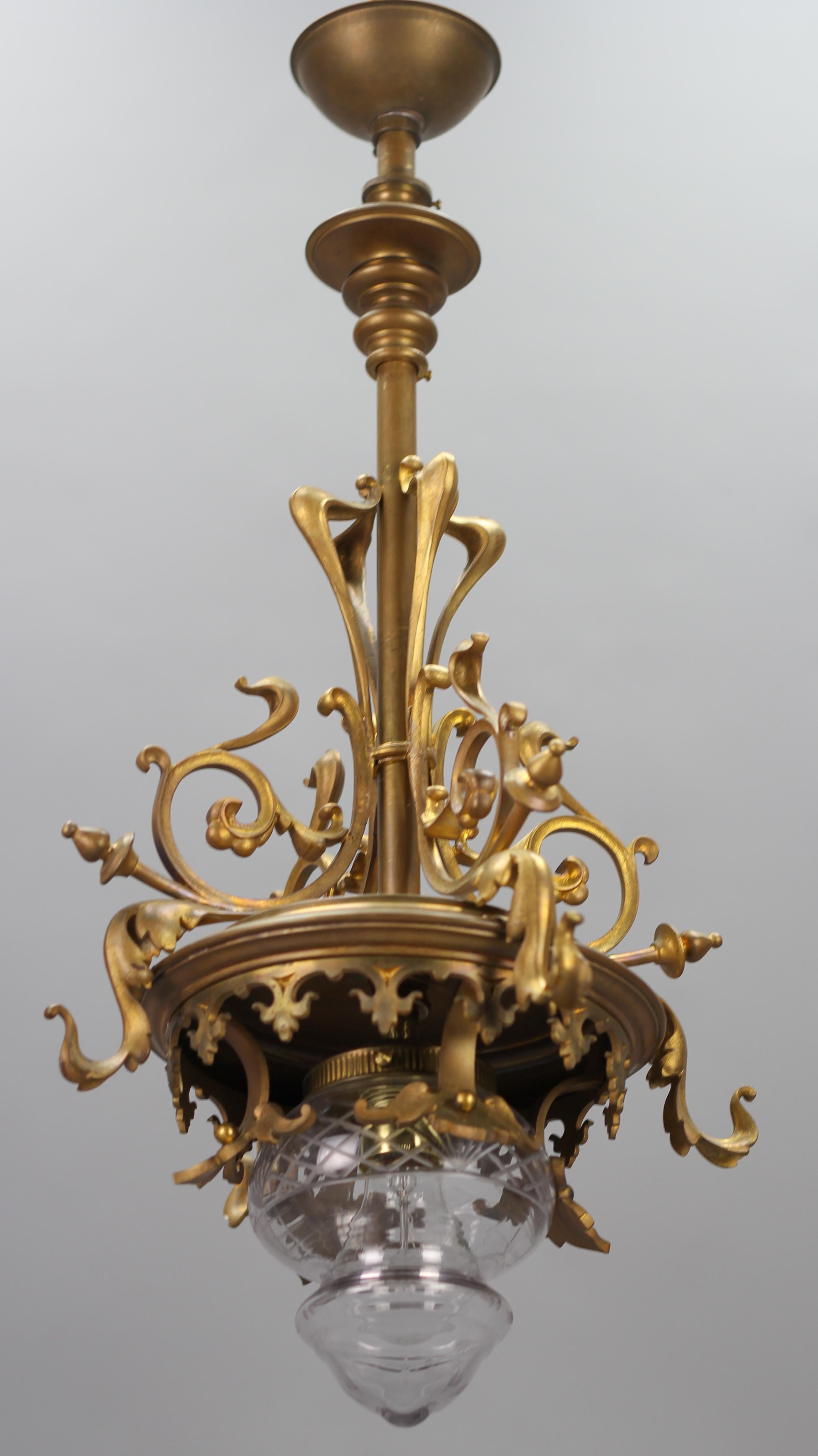 Art Nouveau French Brass and Cut Glass Pendant Chandelier, 1920s 3