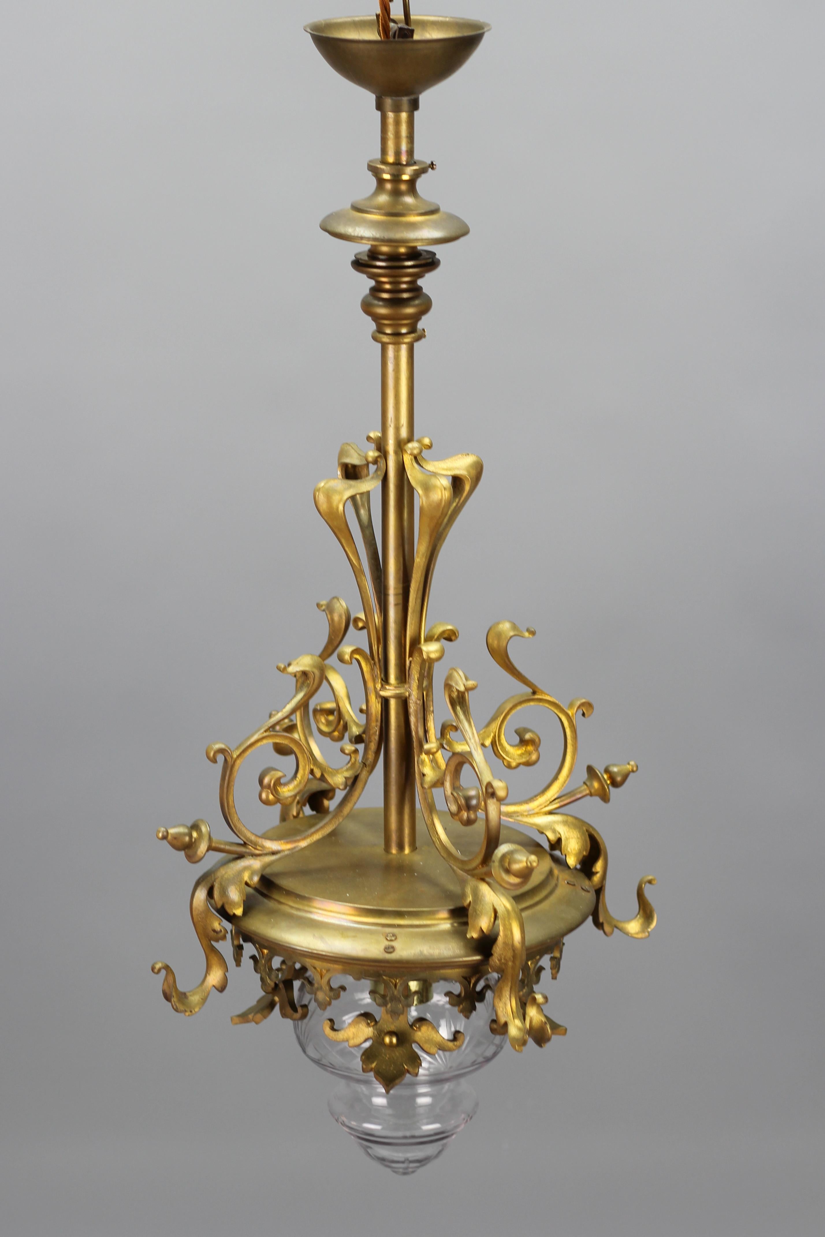 Art Nouveau French Brass and Cut Glass Pendant Chandelier, 1920s 4