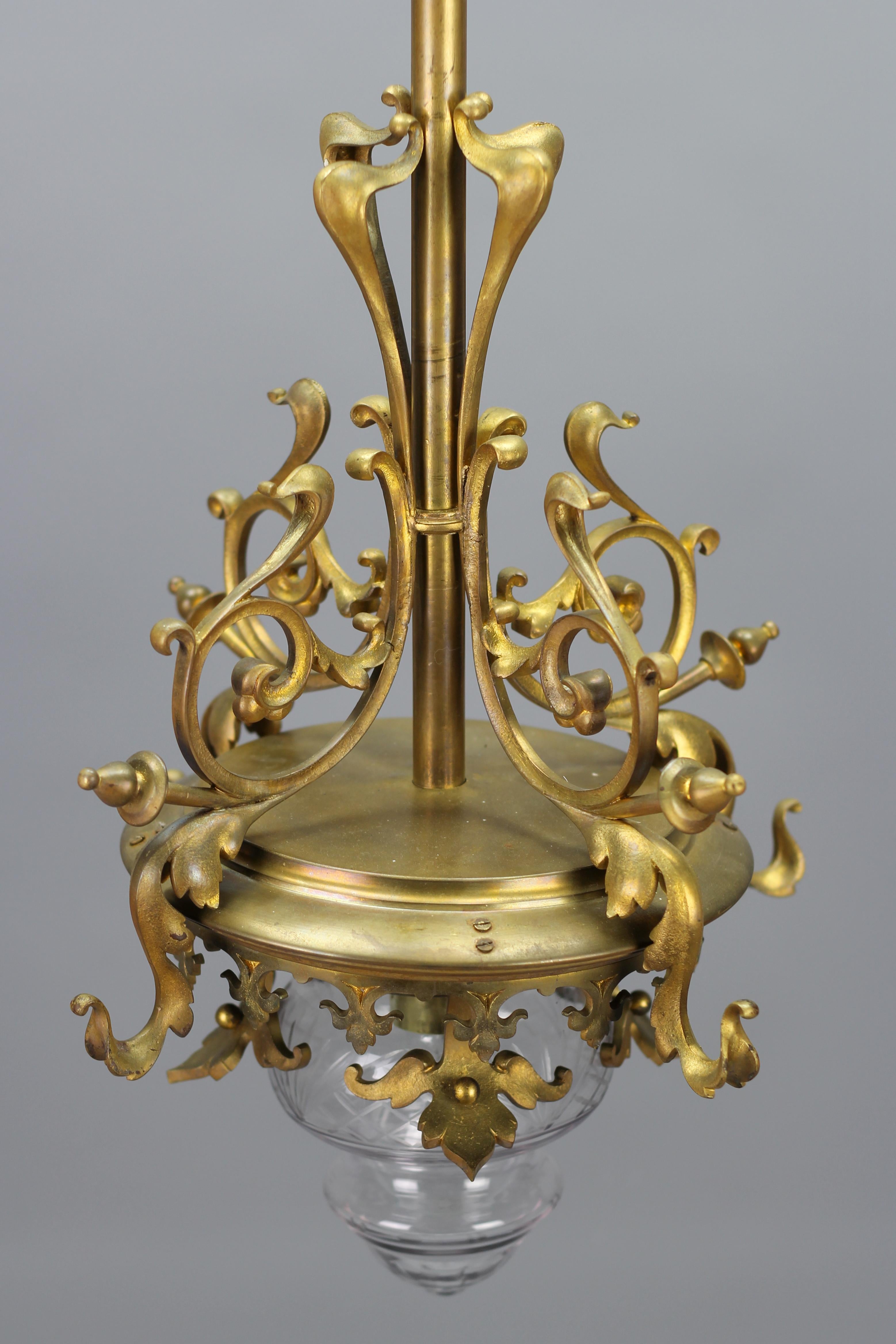 Art Nouveau French Brass and Cut Glass Pendant Chandelier, 1920s 5