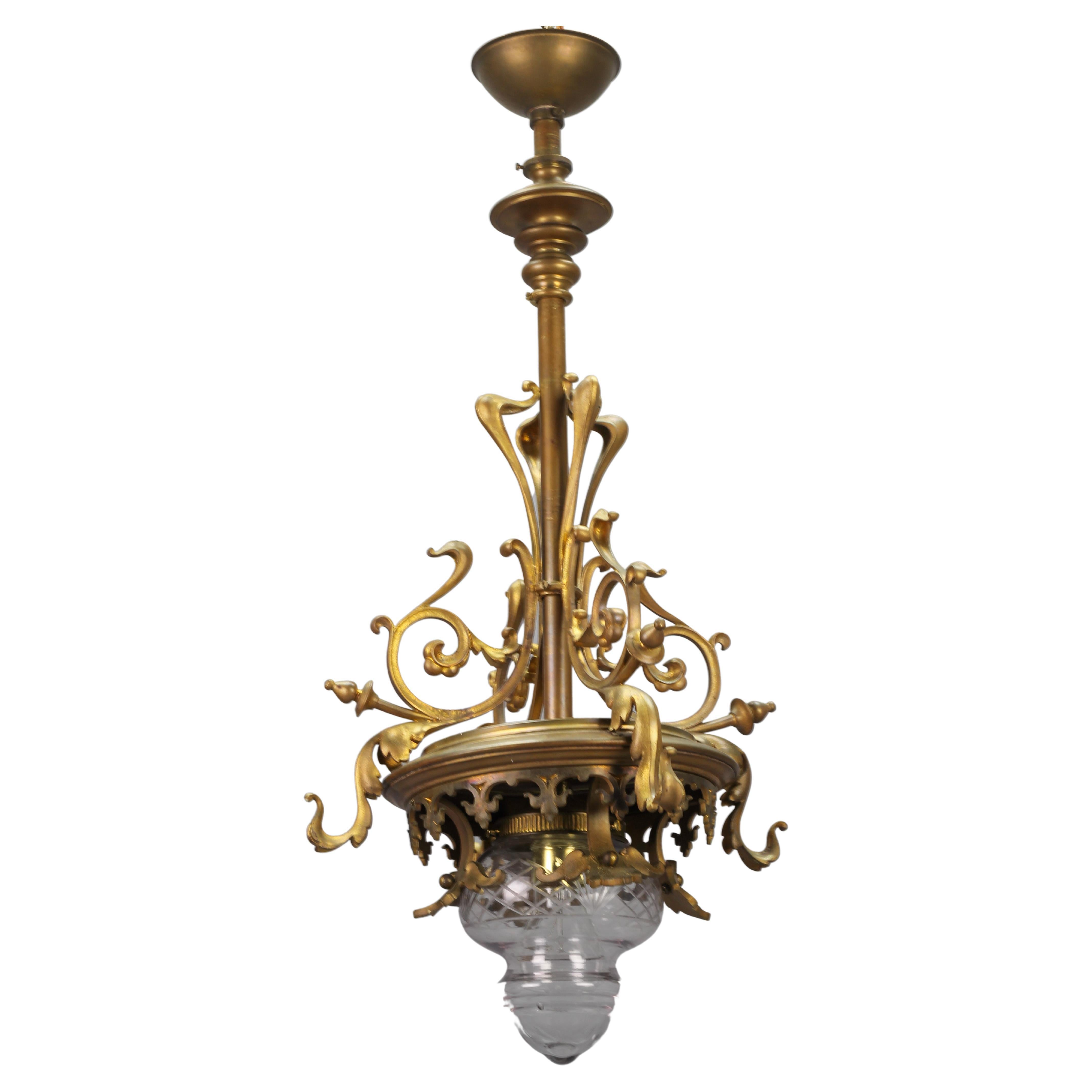 Art Nouveau French Brass and Cut Glass Pendant Chandelier, 1920s