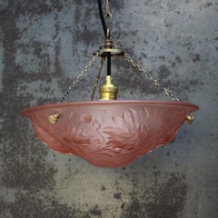 Art Nouveau French Brass and Pink Pressed Glass Pendant Light, 1920s