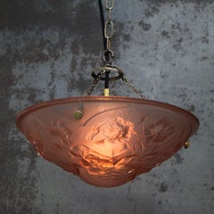 Art Nouveau French Brass and Pink Pressed Glass Pendant Light, 1920s