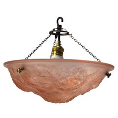 Art Nouveau French Brass and Pink Pressed Glass Pendant Light, 1920s