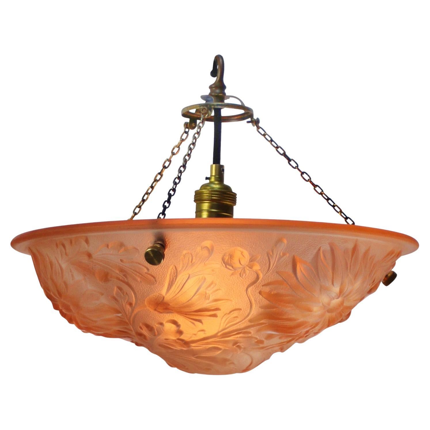 Art Nouveau French Brass and Pink Pressed Glass Pendant Light, 1920s For Sale