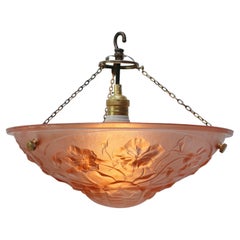 Art Nouveau French Brass and Pink Pressed Glass Pendant Light, 1920s