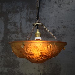 Art Nouveau French Brass and Yellow Pressed Glass Pendant Light, 1920s