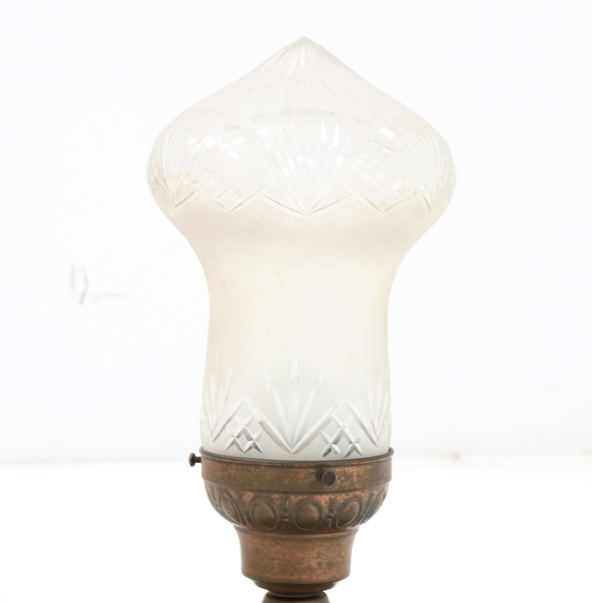 Early 20th Century Art Nouveau French Brass Cut Blown Glass Flush Mount Ceiling Light, 1900s