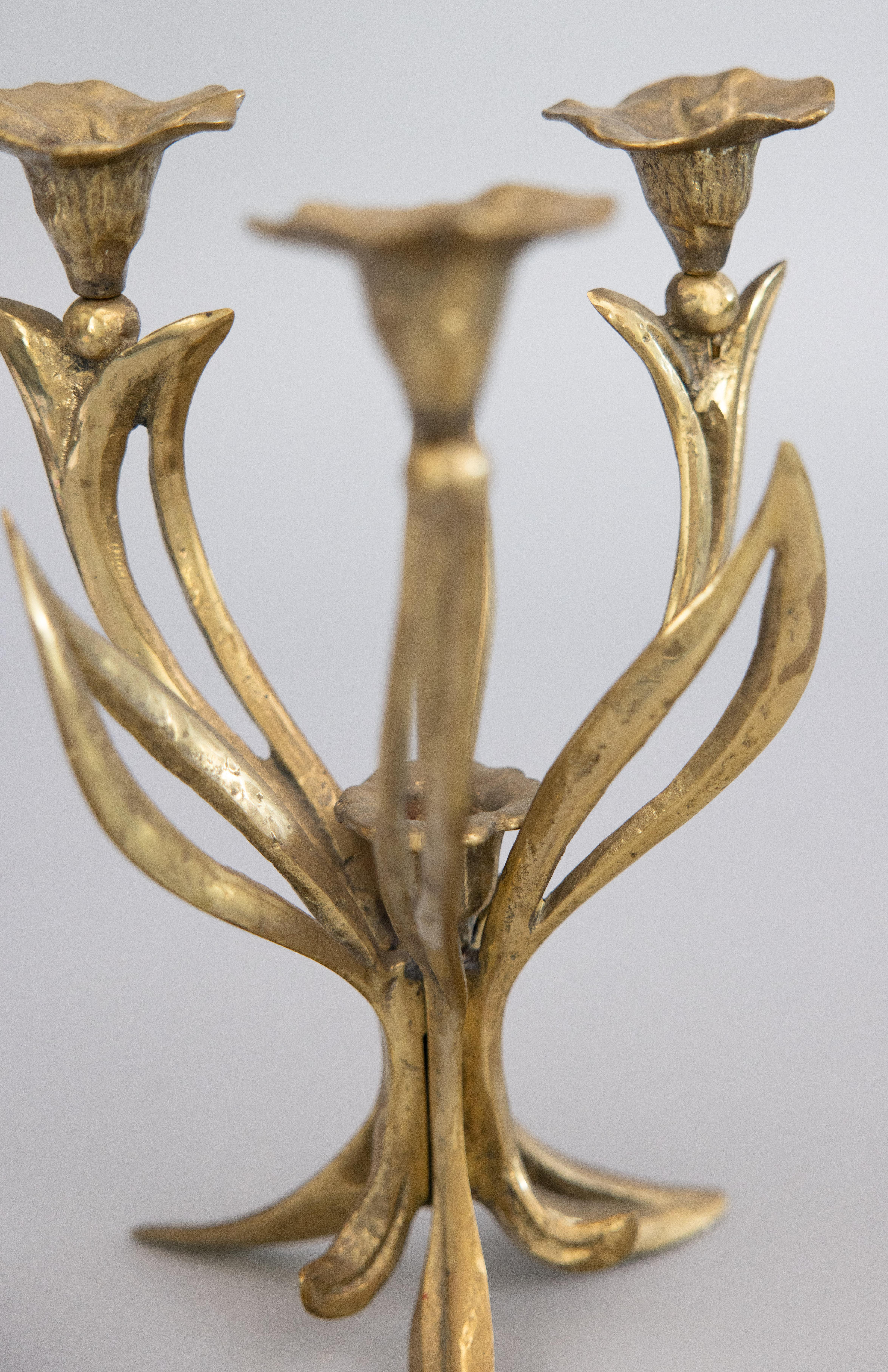 Art Nouveau French Brass Floral Candelabra, circa 1900 In Good Condition For Sale In Pearland, TX