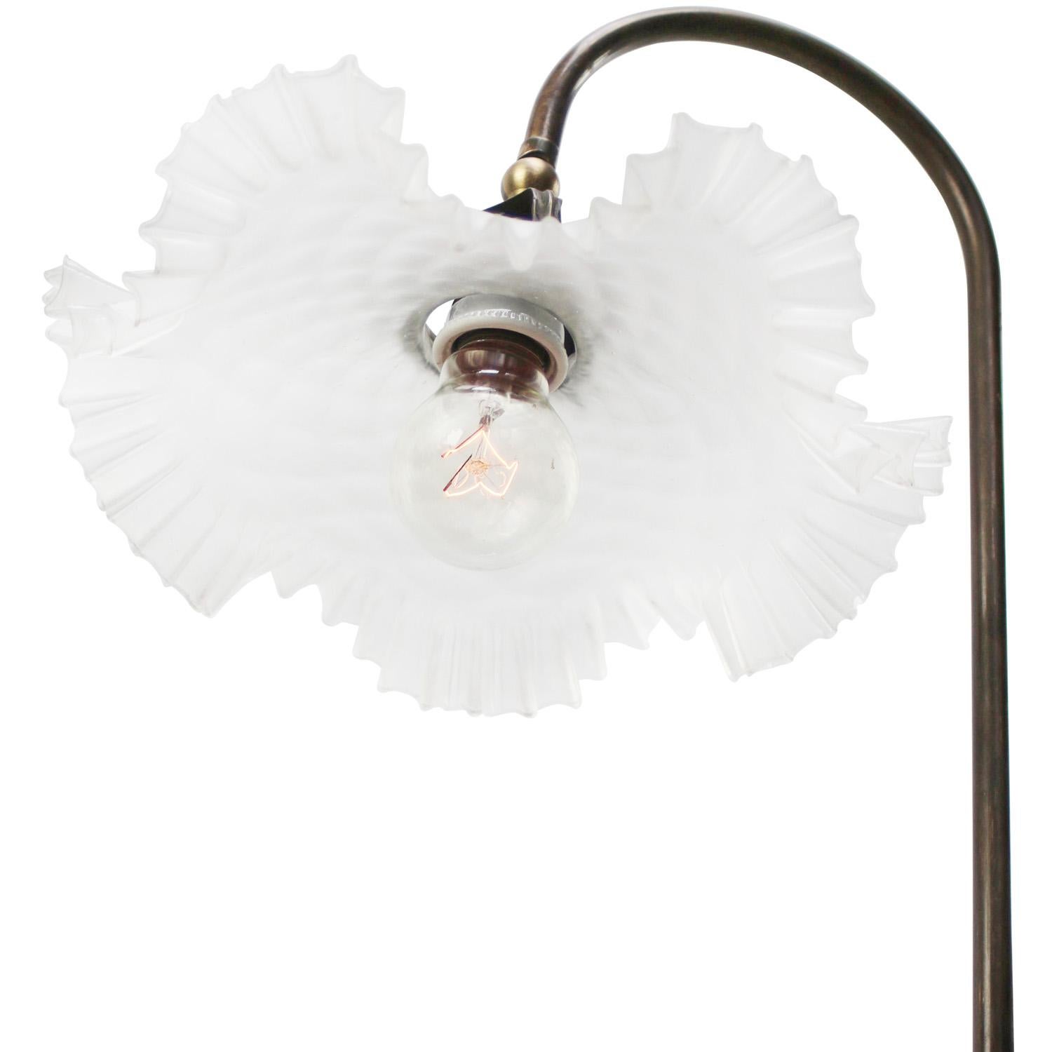 French glass, brass desk light / table lamp
2,5 meter black cotton wire, plug and switch

Available with UK / US plug

Priced per individual item. All lamps have been made suitable by international standards for incandescent light bulbs,