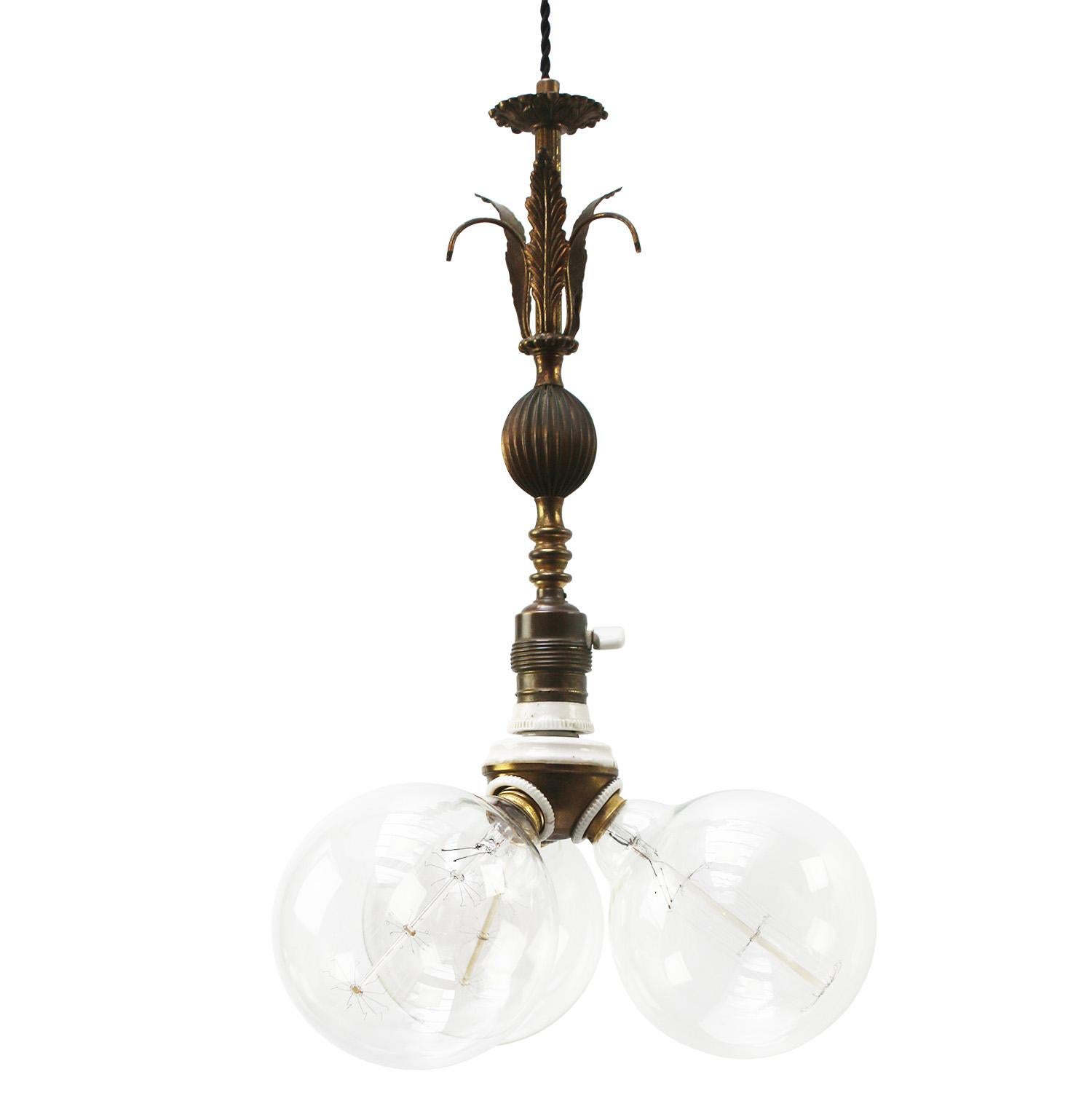 Art Nouveau French Brass & Porcelain Pendant Light For Sale 5