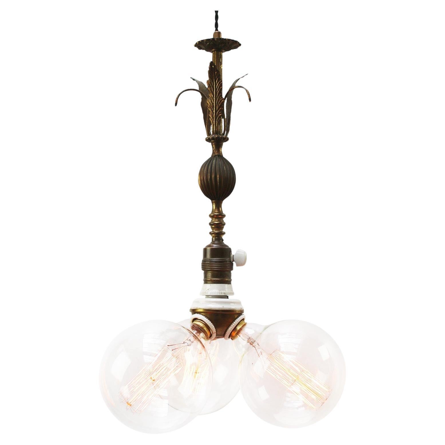 Art Nouveau French Brass & Porcelain Pendant Light For Sale