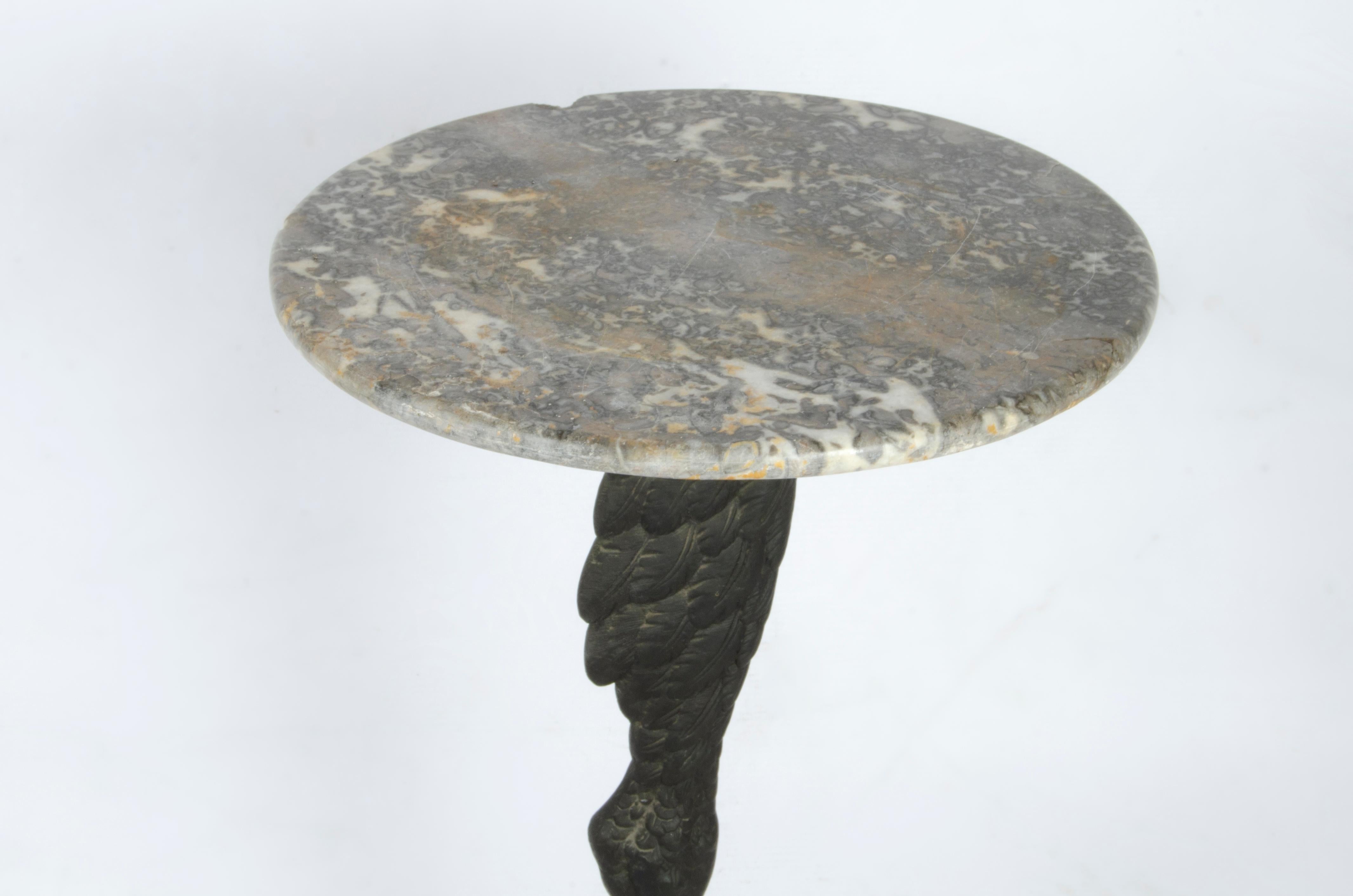 Art Nouveau French Bronze and Marble Circular Ostrich Leg-Shaped Side Table In Good Condition For Sale In North Miami, FL