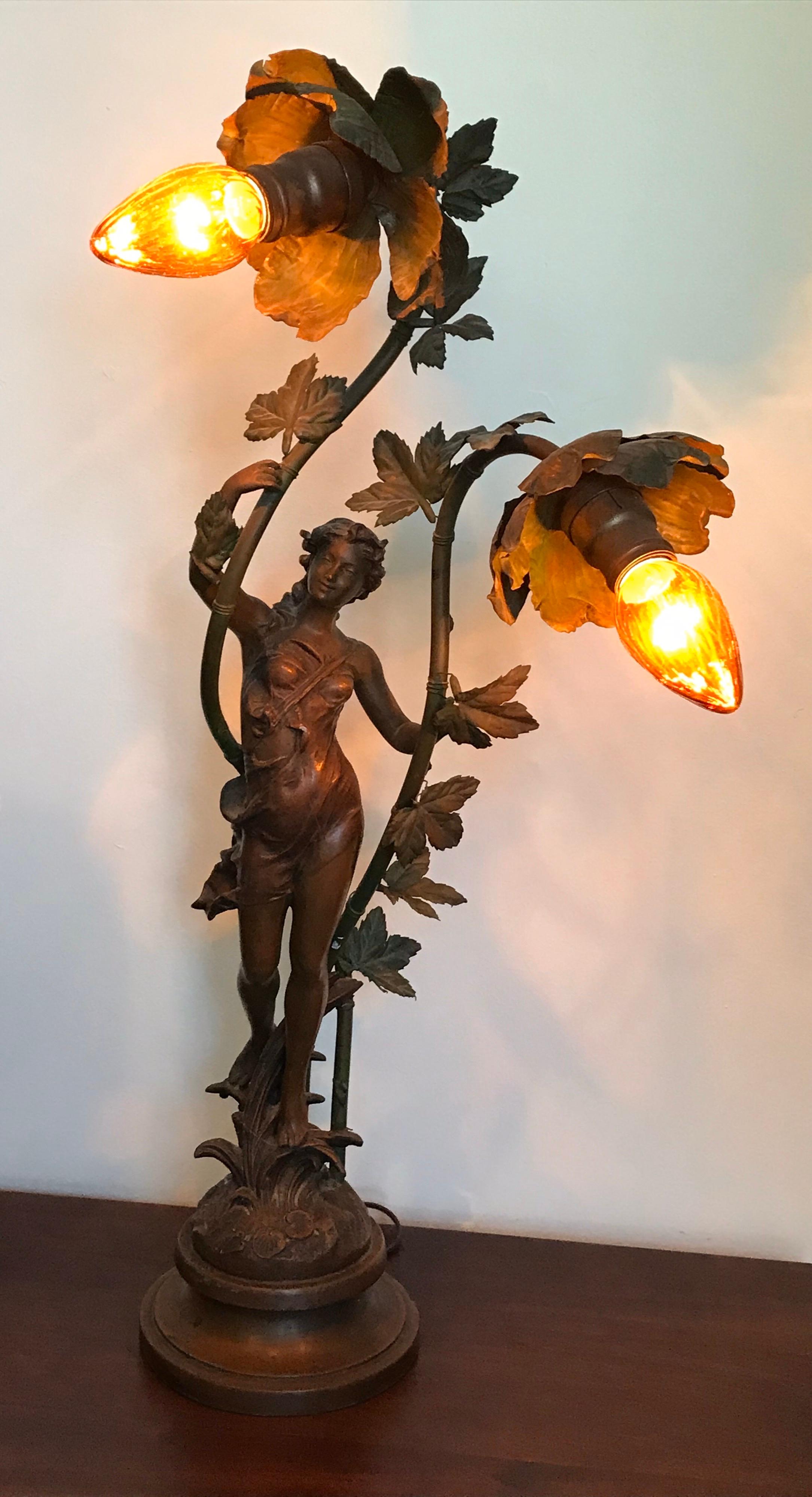 20th Century Art Nouveau French Bronze Figurine Lamp by Ernest Justin Ferrand