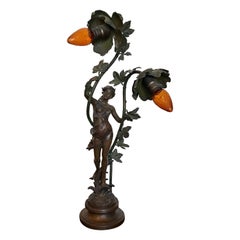 Französische Jugendstil-Lampe mit Bronzefigur von Ernest Justin Ferrand