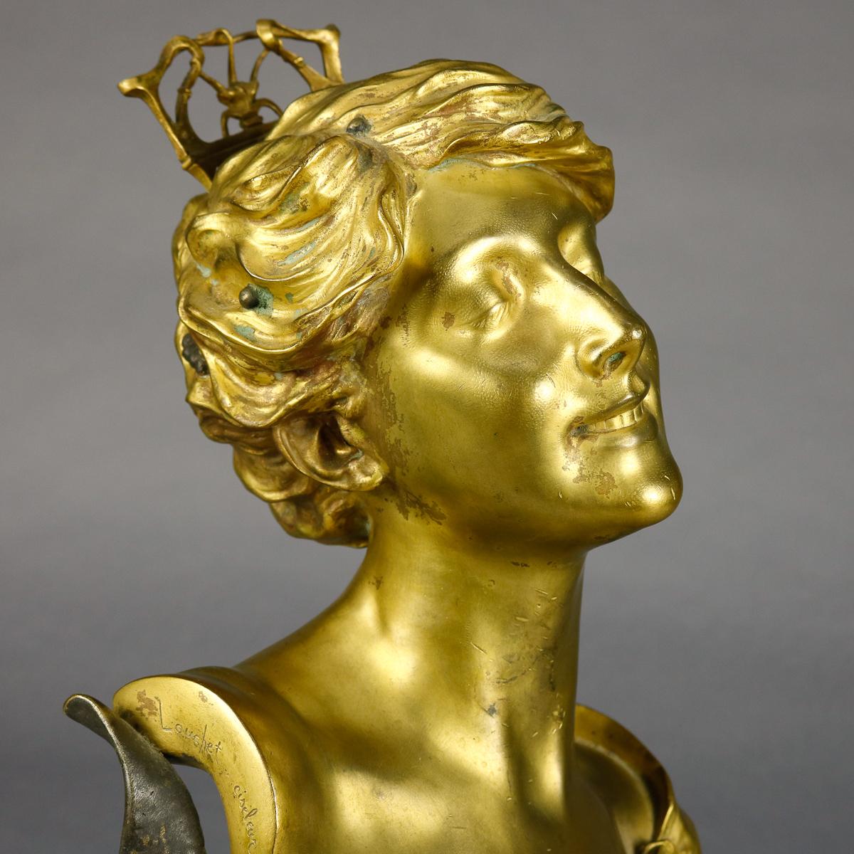 An Art Nouveau French gilt bronze portrait sculpture depicts Fortuna wrapped in an allegory of fortune (including cornucopia rams horn, treasure including jewelry and gold coins), after original carved by François Alphonse Piquemal (French,