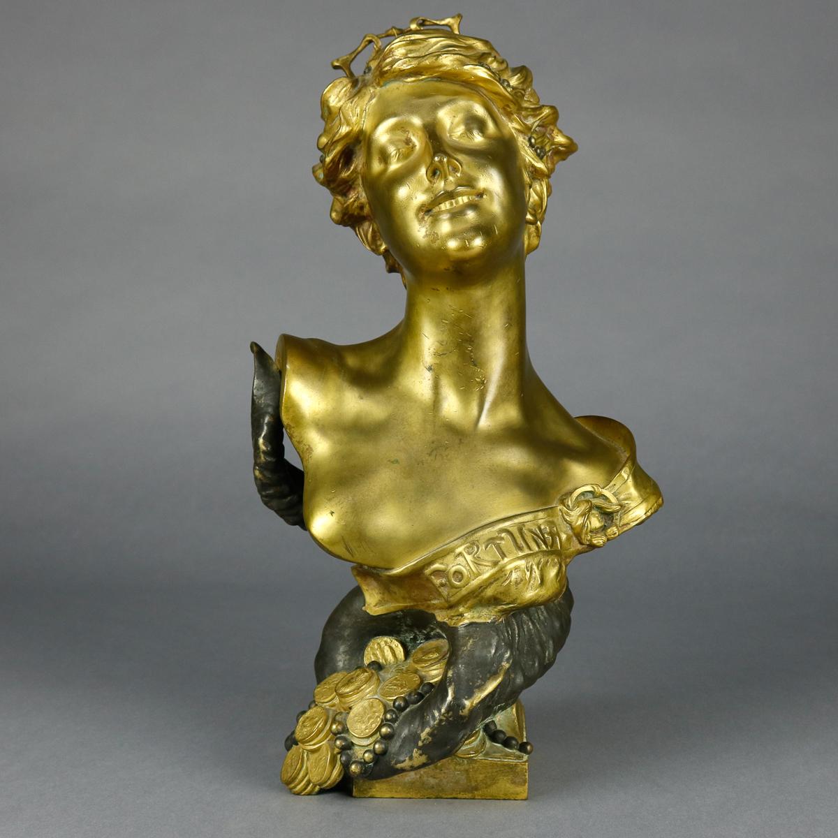 Art Nouveau French Bronze Portrait Bust of Furtuna after François Piquemal 1
