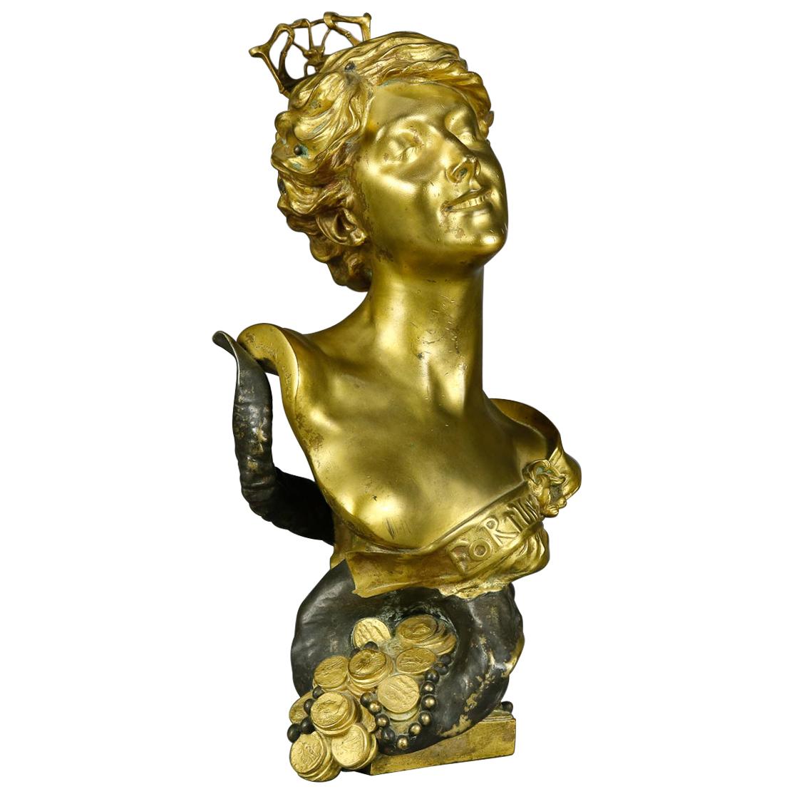 Art Nouveau French Bronze Portrait Bust of Furtuna after François Piquemal