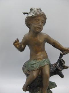 Art Nouveau French Bronze with Enamel Paint Child Sculpture by Auguste Moreau