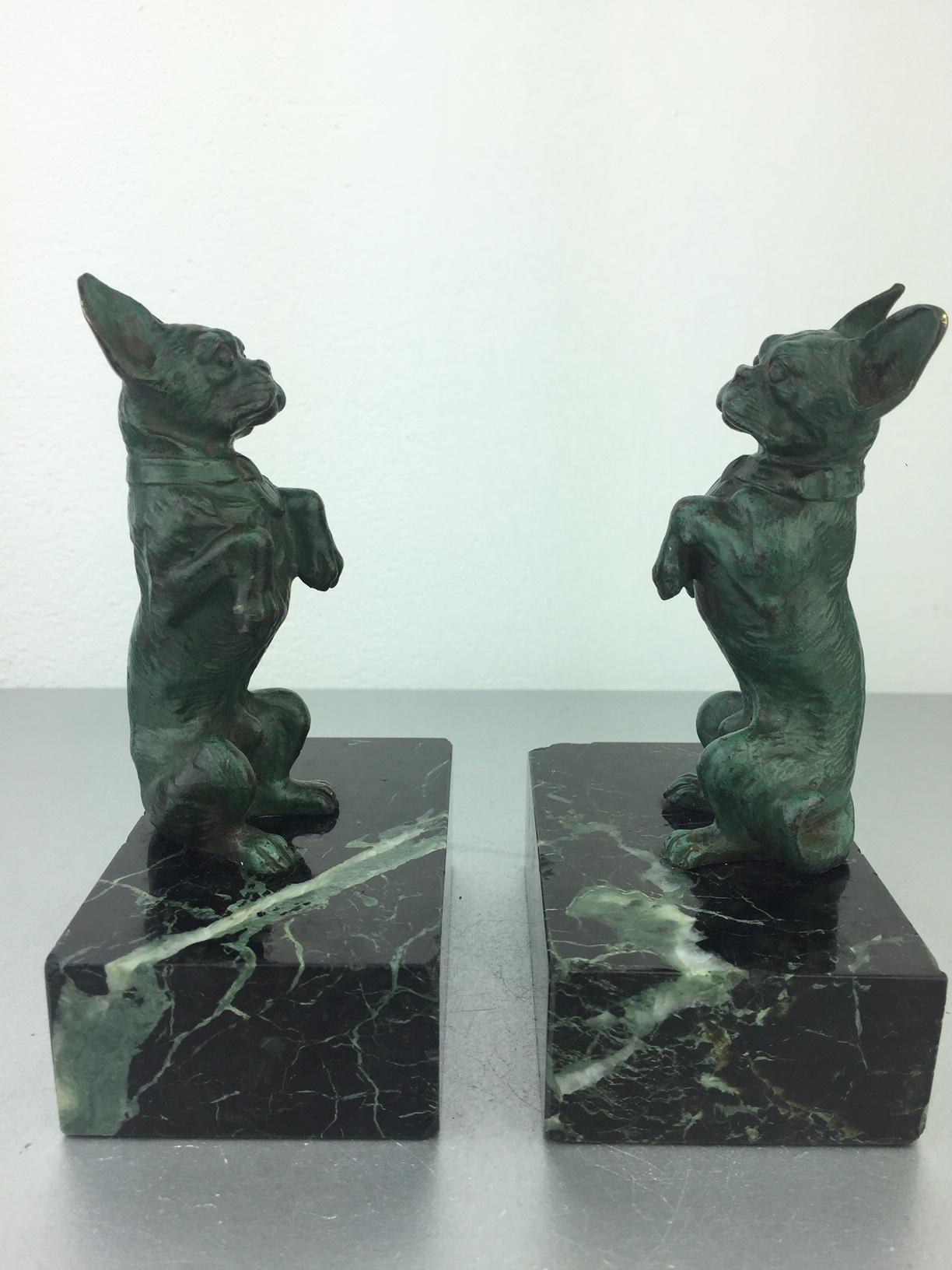 European Art Nouveau French Bulldog Bookends, Bronze and Marble, Europe