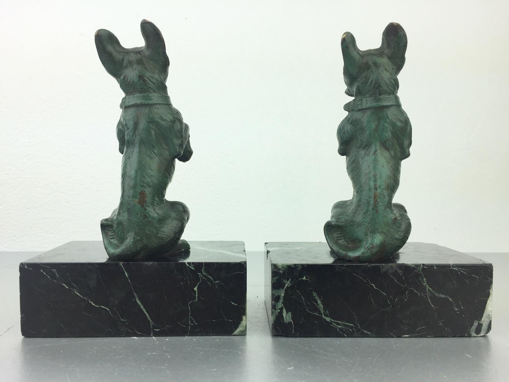 Patinated Art Nouveau French Bulldog Bookends, Bronze and Marble, Europe