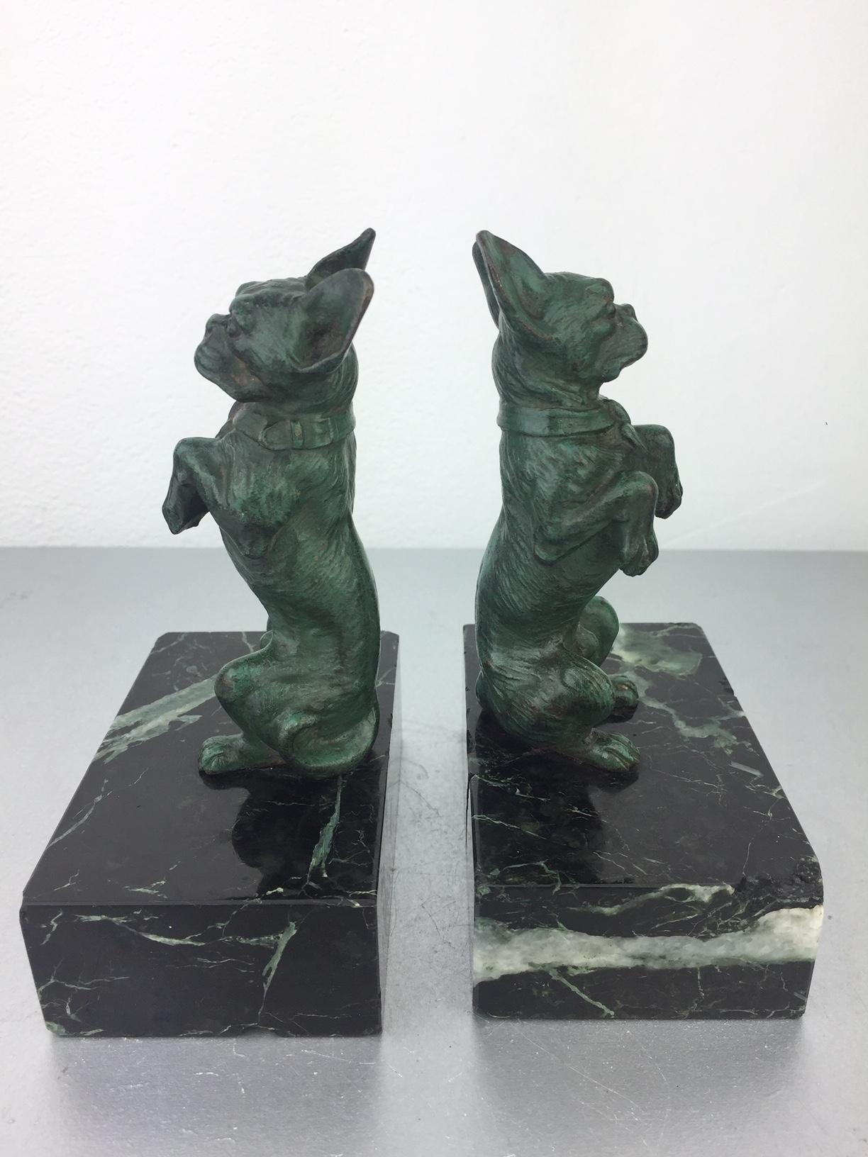 Art Nouveau French Bulldog Bookends, Bronze and Marble, Europe In Good Condition In Antwerp, BE