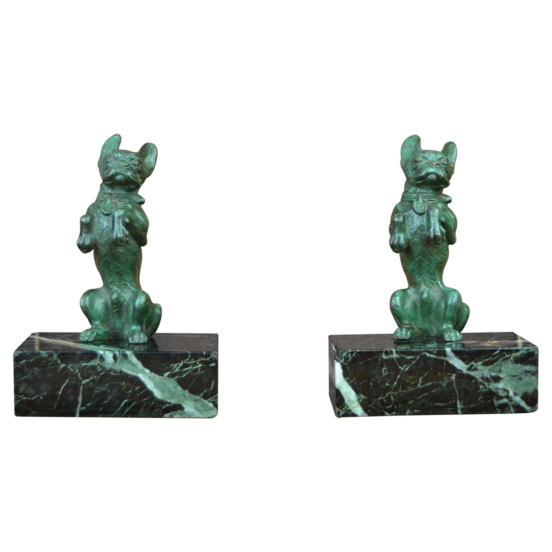 Art Nouveau French Bulldog Bookends, Bronze and Marble, Europe