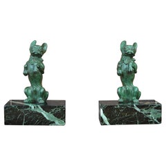 Art Nouveau French Bulldog Bookends, Bronze and Marble, Europe